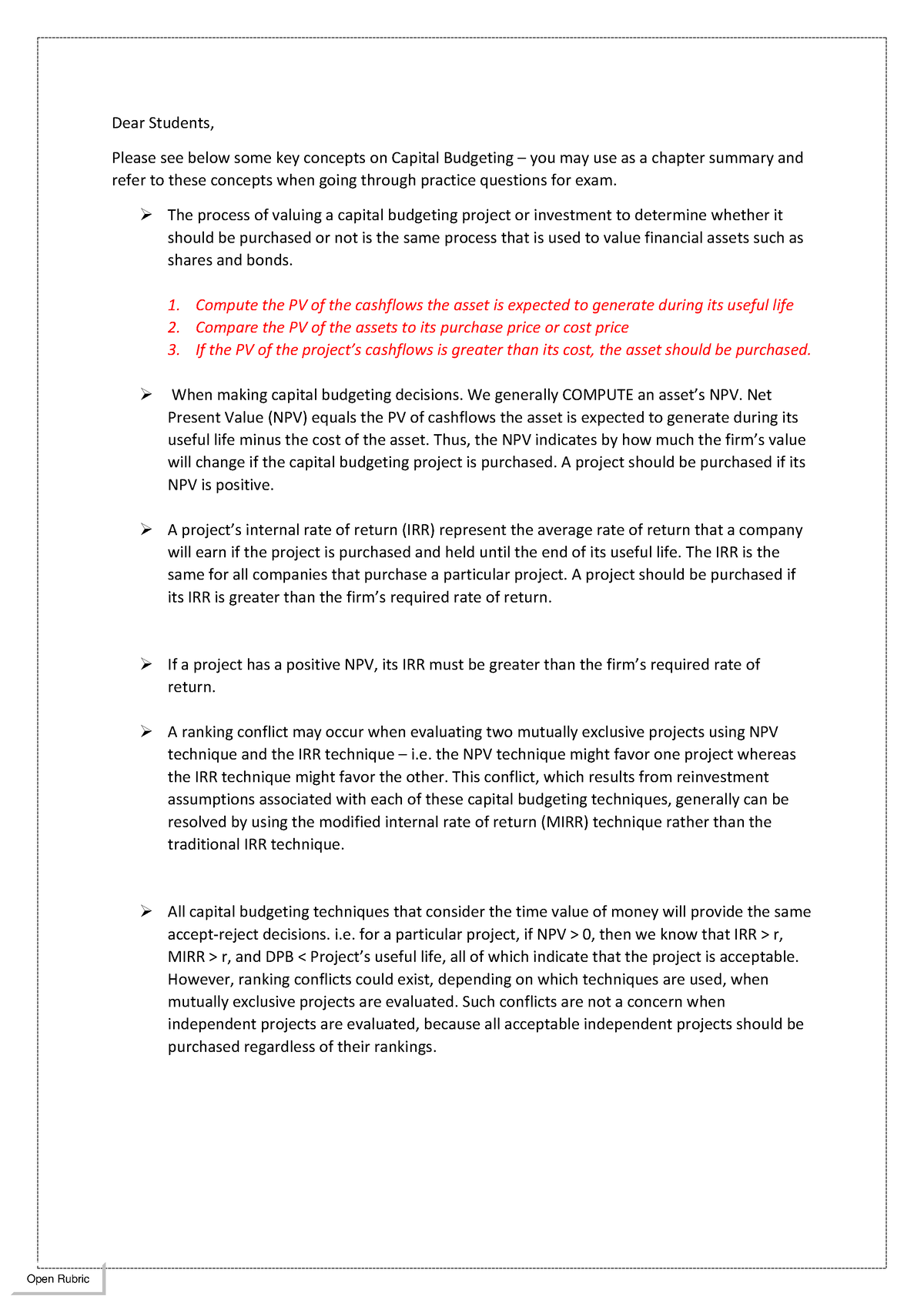 Capital Budgeting concepts - Dear Students, Please see below some key ...