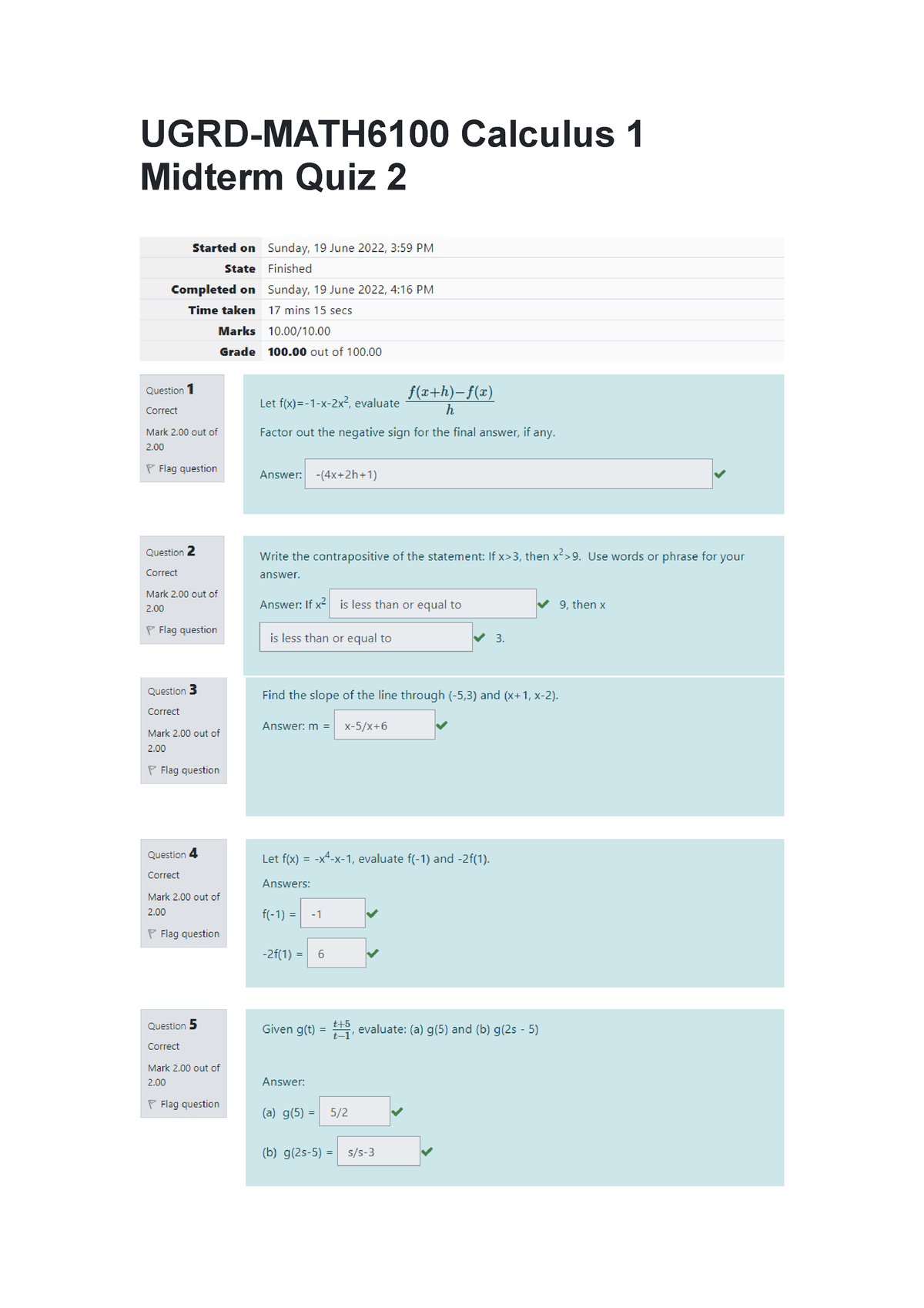 UGRD-MATH6100 Calculus 1 Midterm Quiz 2 - UGRD-MATH6100 Calculus ...