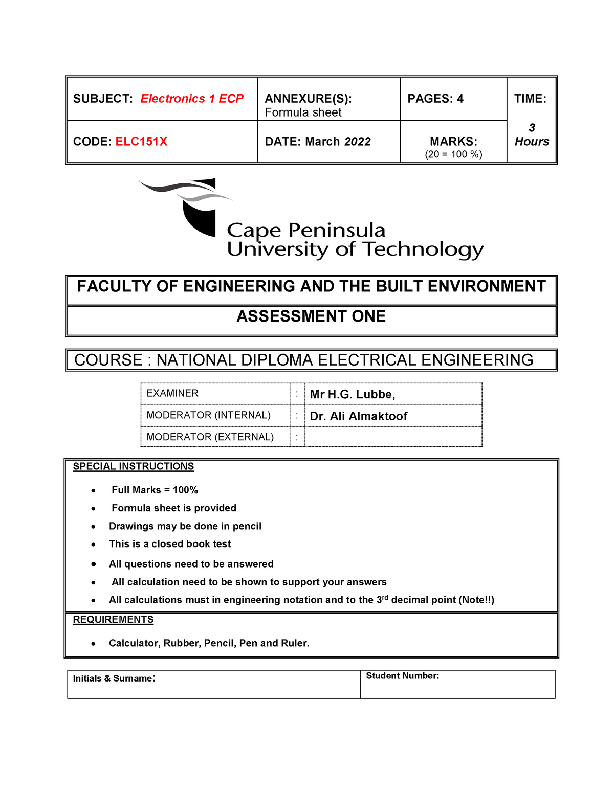 2022 Electronics 1 Test 1 Paper Final - SUBJECT: Electronics 1 ECP ...