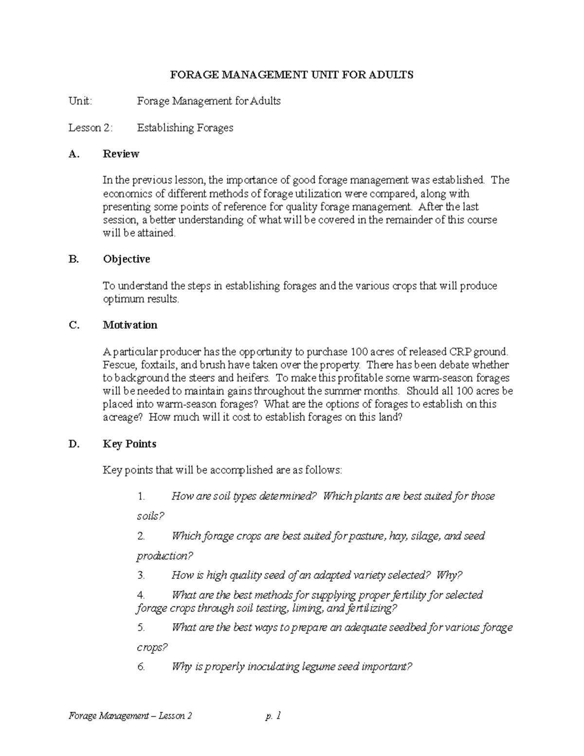 Lecture 2 Establishment of Forages - FORAGE MANAGEMENT UNIT FOR ADULTS ...