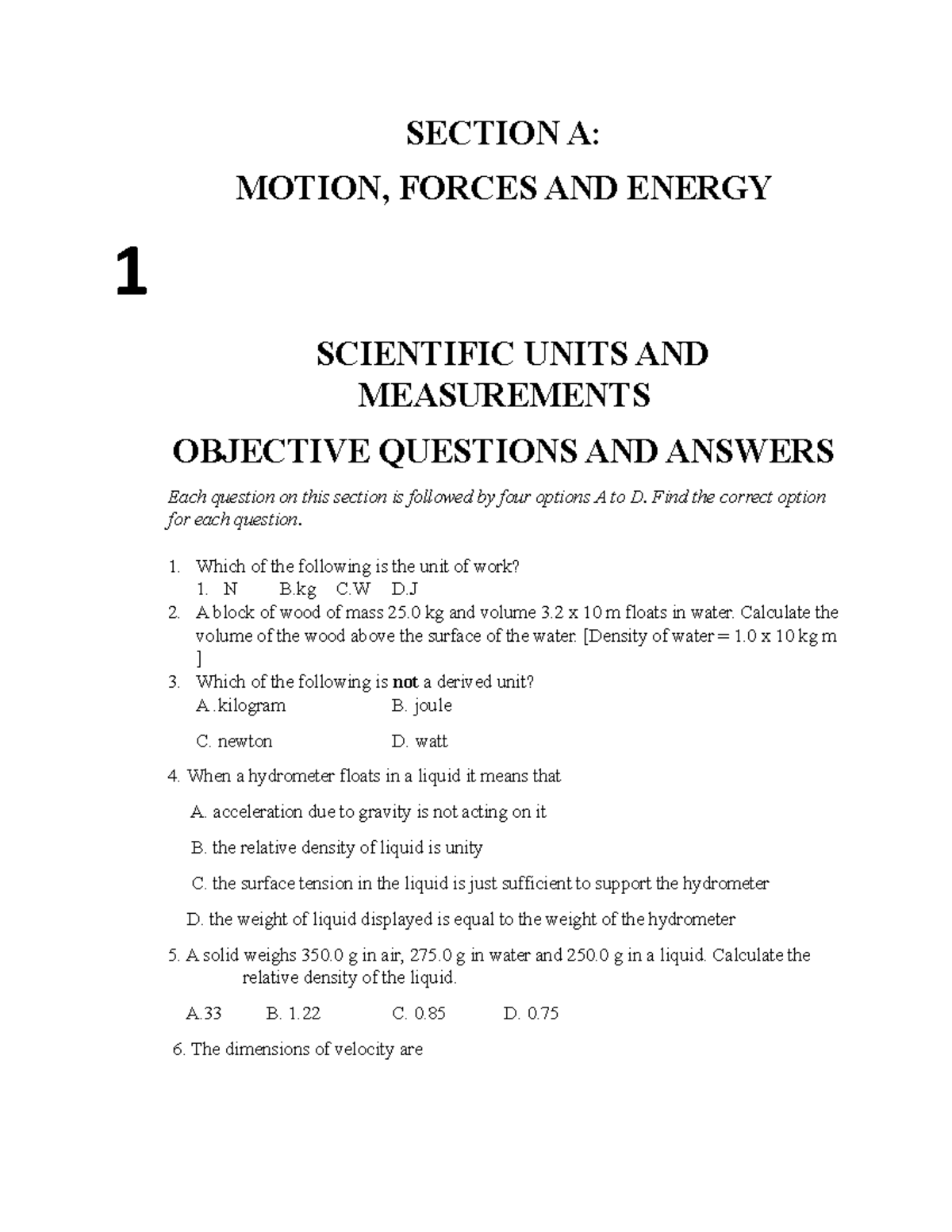 1 Energy Motion AND Force SECTION A MOTION, FORCES AND ENERGY 1