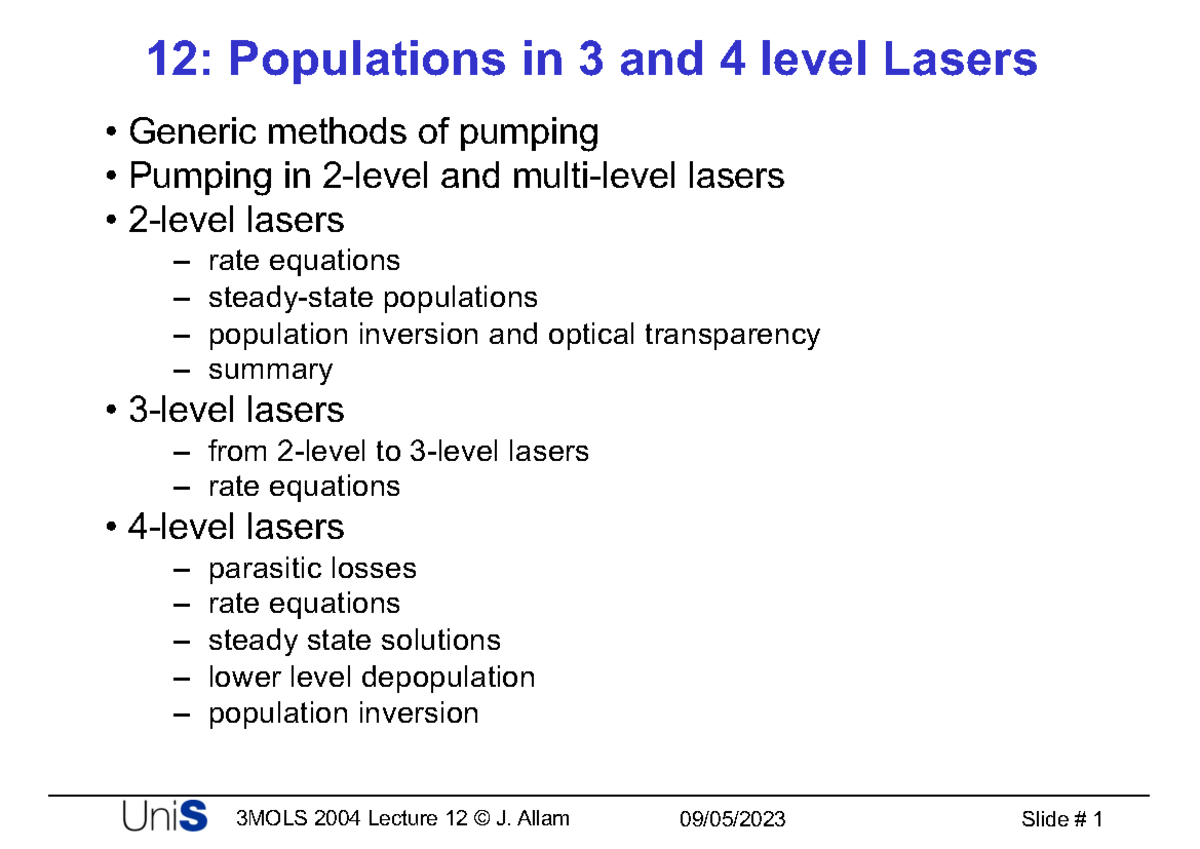 3 and 4 Level Lassers - 12: Populations in 3 and 4 level Lasers Generic ...