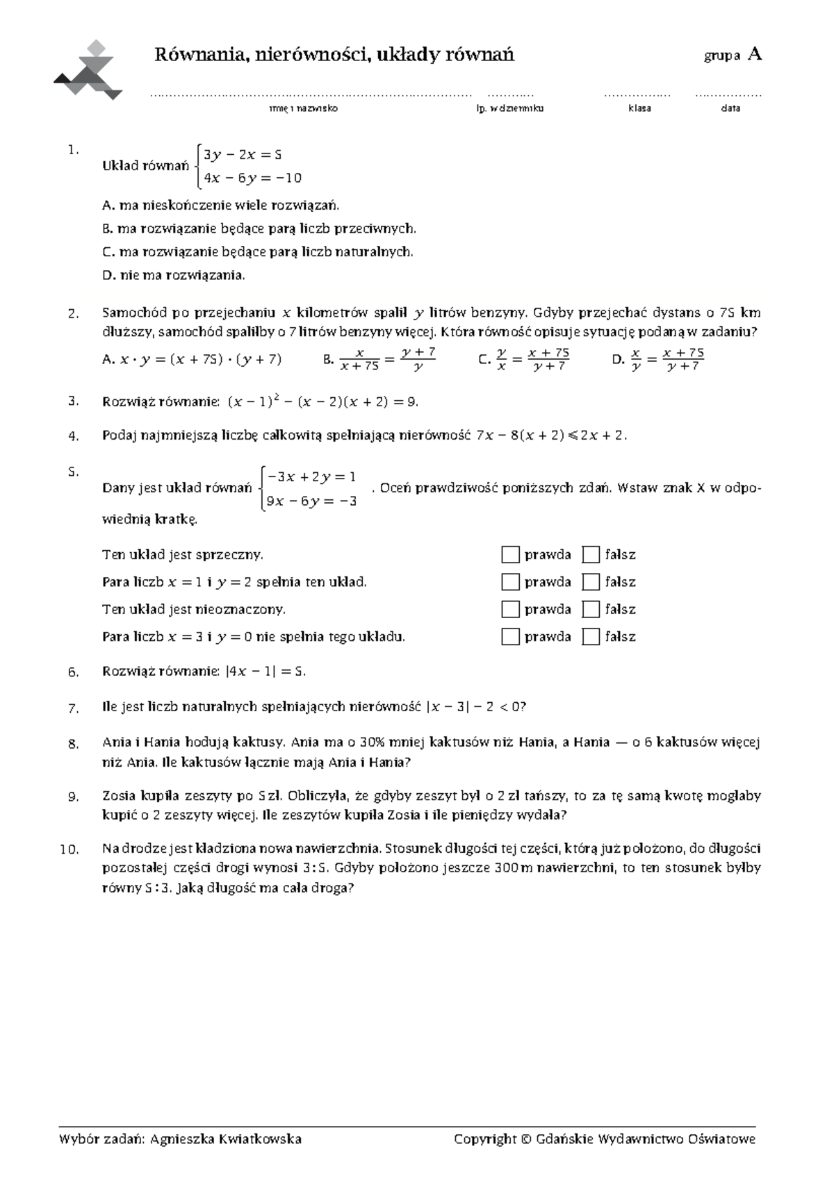 Układy Równań Sprawdzian 2 Gimnazjum Gwo www.studocu.com