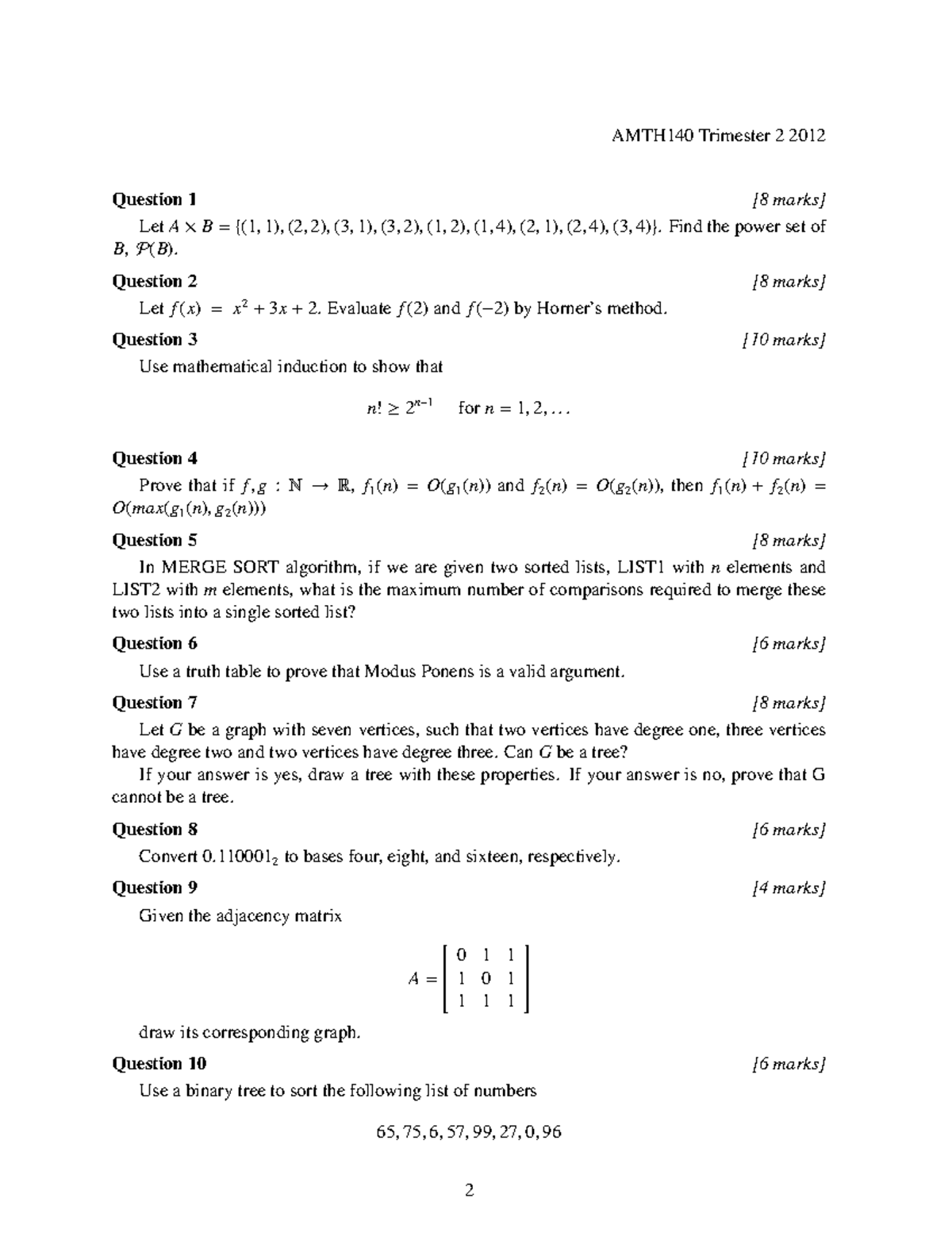 Exam 2012, Questions - AMTH140 Trimester 2 2012 Question 1 [8 Marks ...