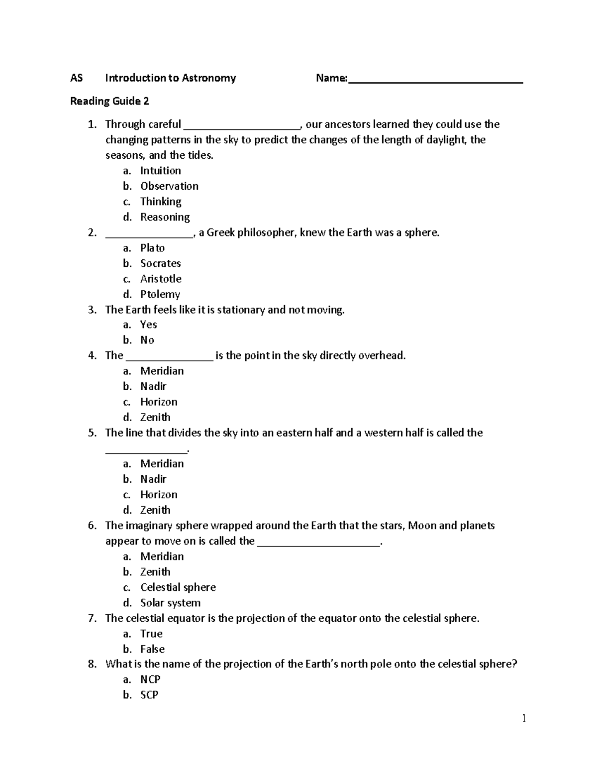 Reading Guide 2 - worksheet - AS Introduction to Astronomy Name