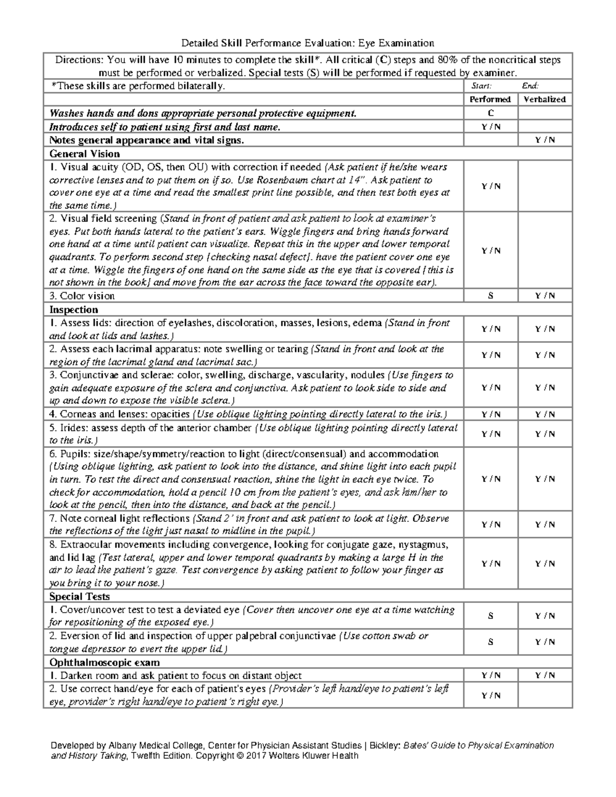 Eye exam detailed skill sheet - Detailed Skill Performance Evaluation ...