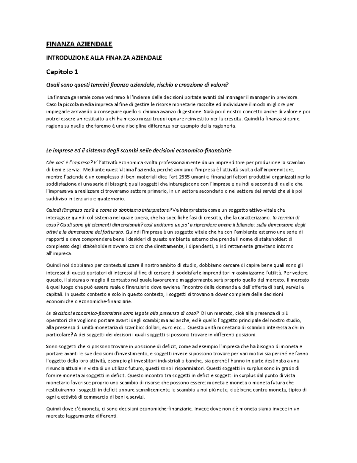 Capitolo 1 e 2 - appunti prof. Cioli UNIFI - FINANZA AZIENDALE ...