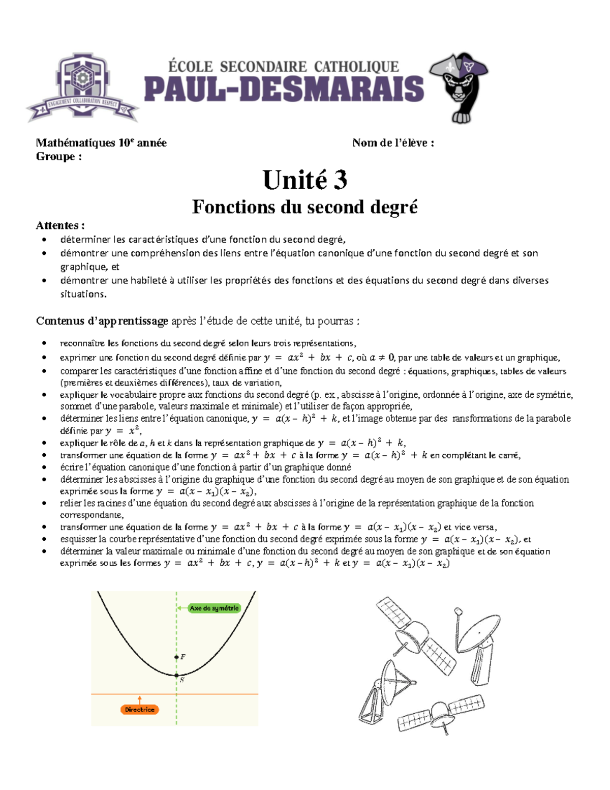 25-10-Gpe01 MPM2D Unité 3 Fonctions du second degré - Mathématiques 10e ...