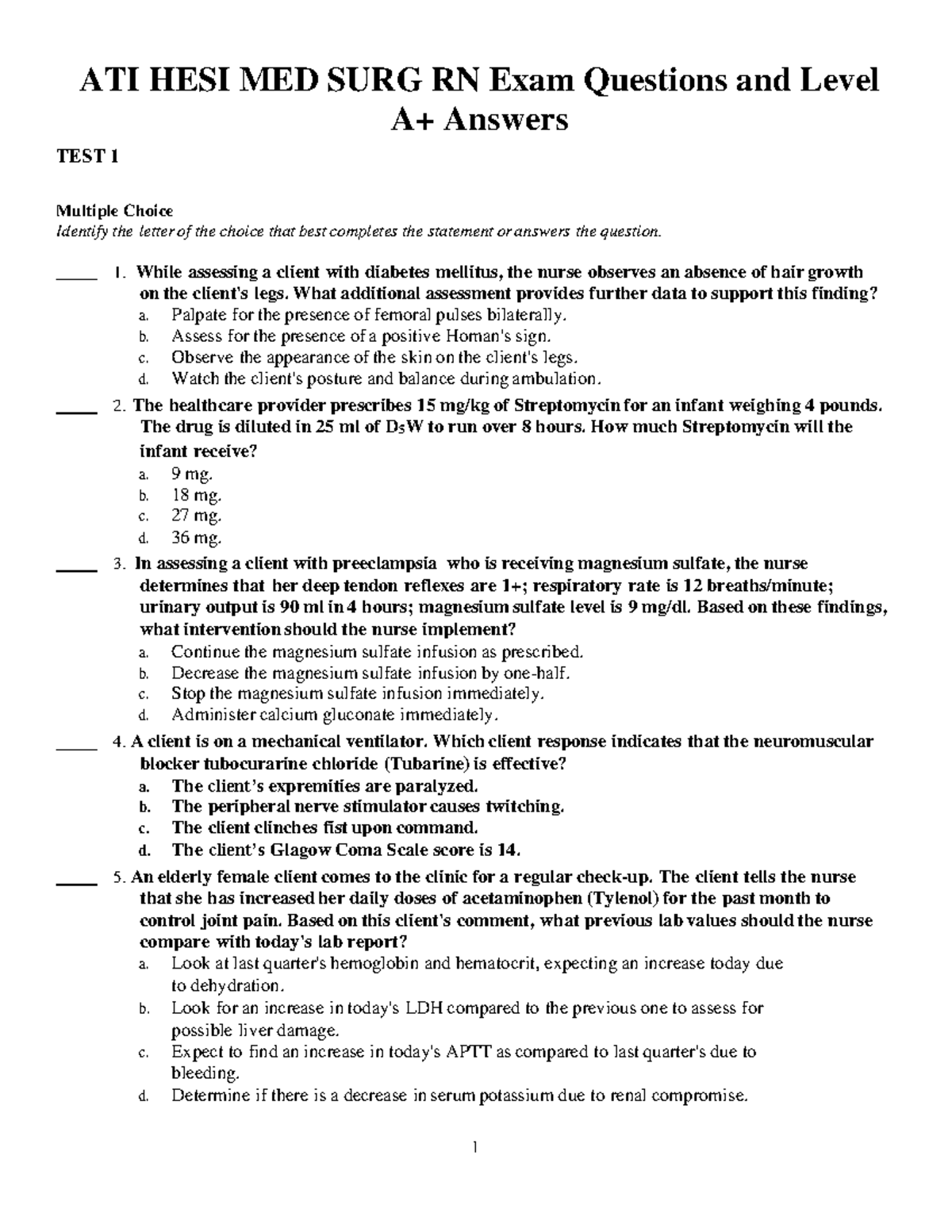 ATI HESI MED SURG RN Exam Questions and Level A+ Answers ATI HESI MED