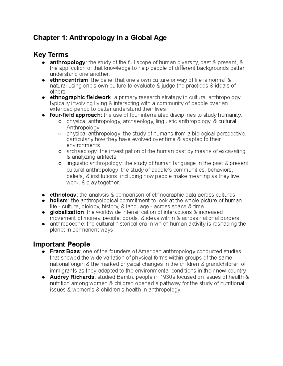 Anthro Notes 1 - Chapter 1: Anthropology in a Global Age Key Terms ...