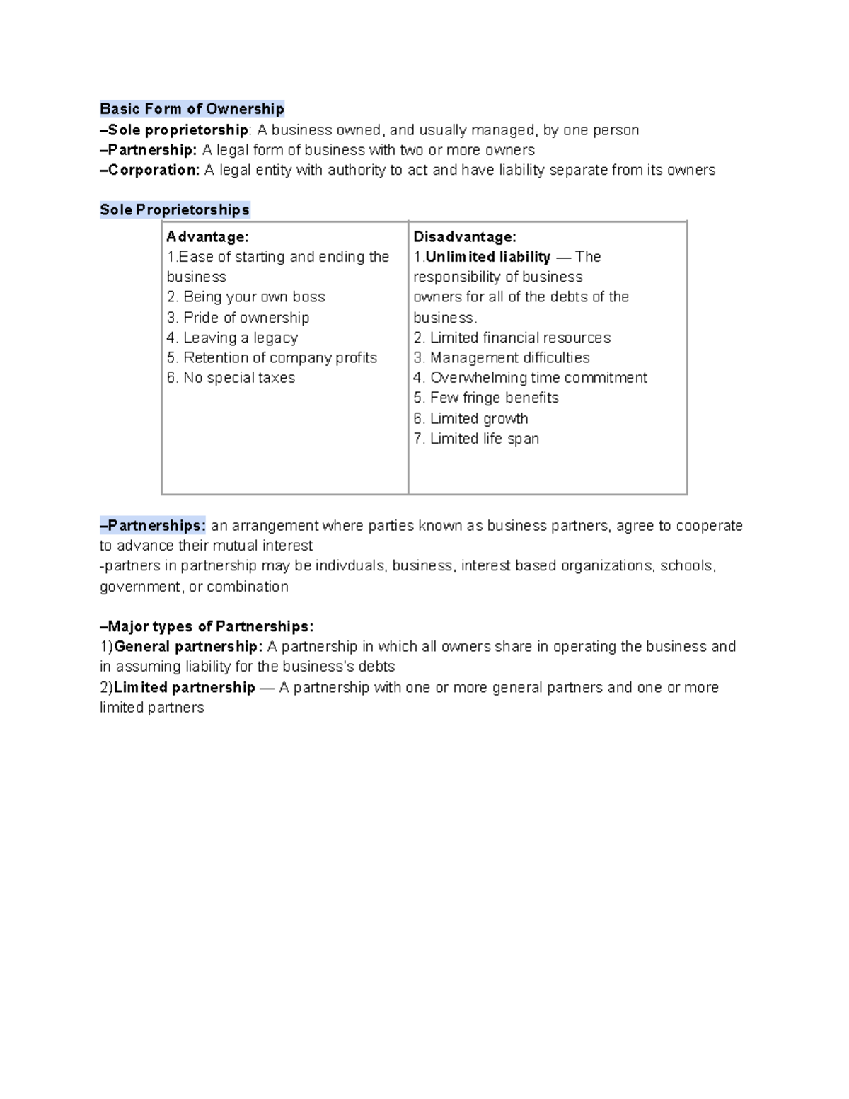 BUS 2000 Chapter 5 - Lecture Notes - Basic Form of Ownership –Sole ...