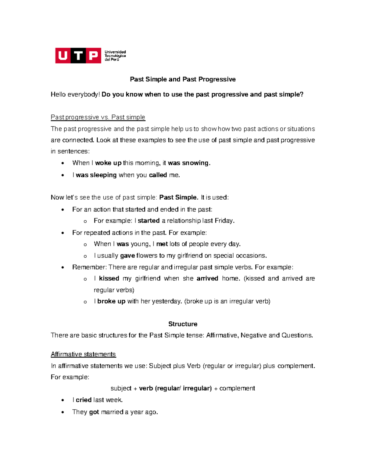 Week 7 - Script - Past Simple and Past Progressive - Past Simple and ...