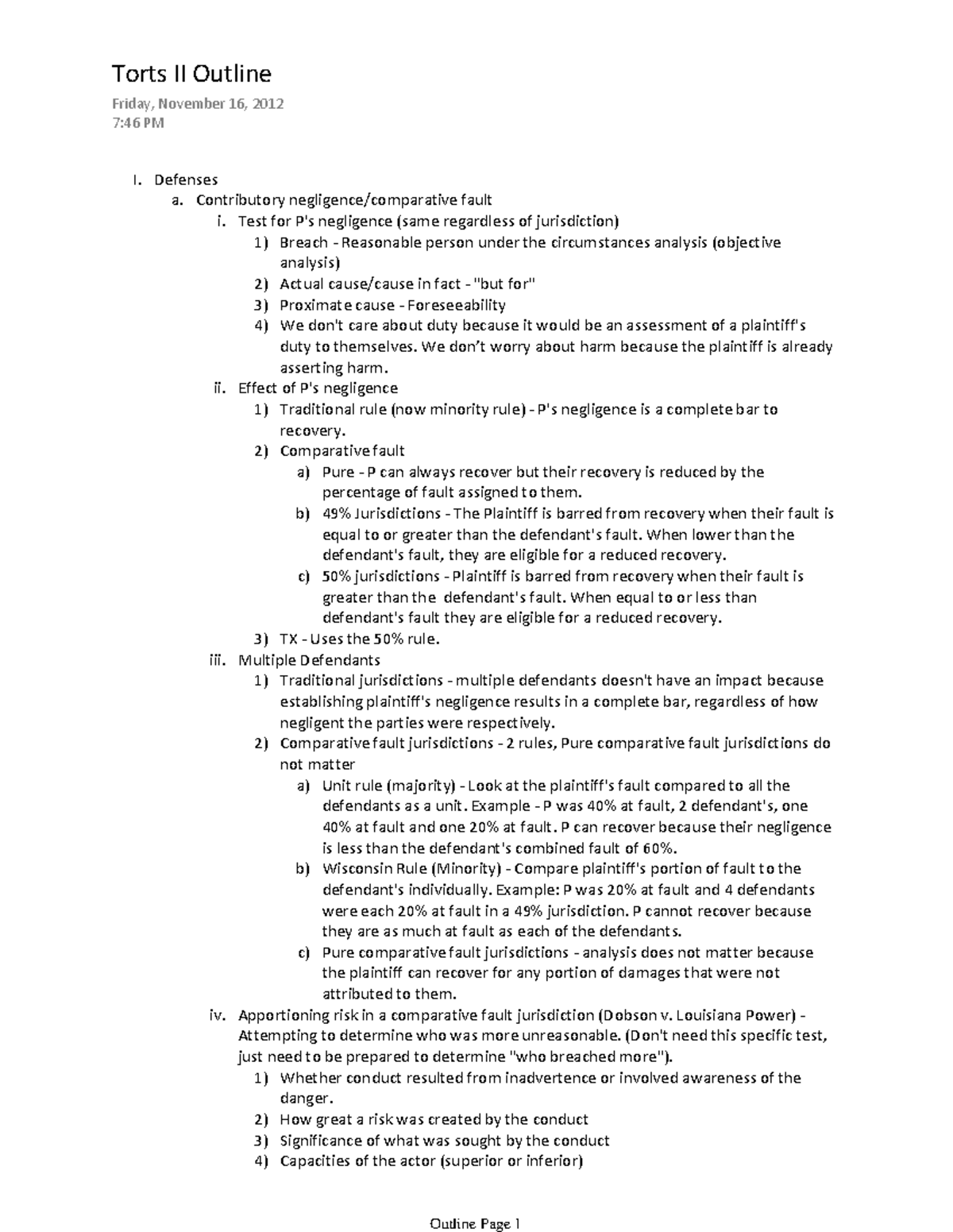 Torts II Underwood - outline - Breach - Reasonable person under the ...