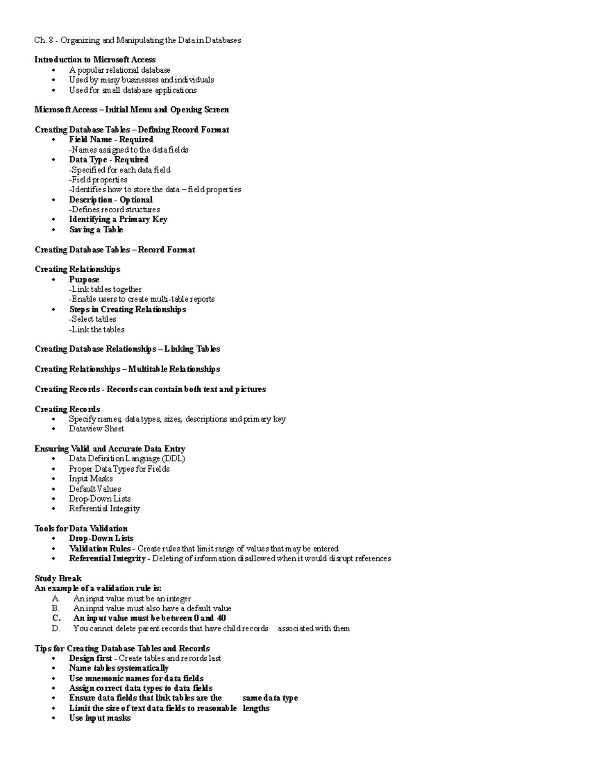Acctg. 307 - Ch. 8 - notes - Ch. 8 - Organizing and Manipulating the ...