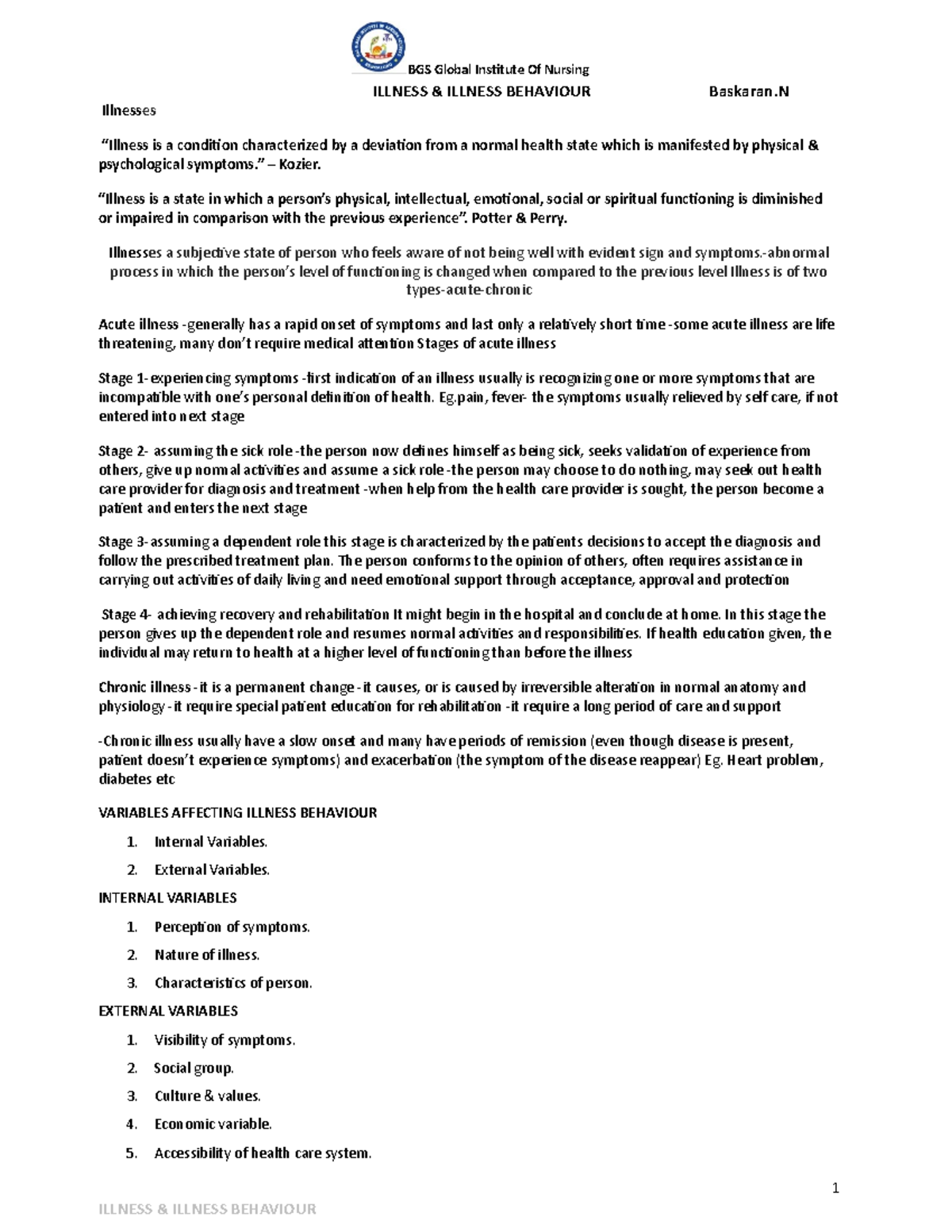 Illness And Behaviour Lecture Notes ILLNESS ILLNESS BEHAVIOUR 