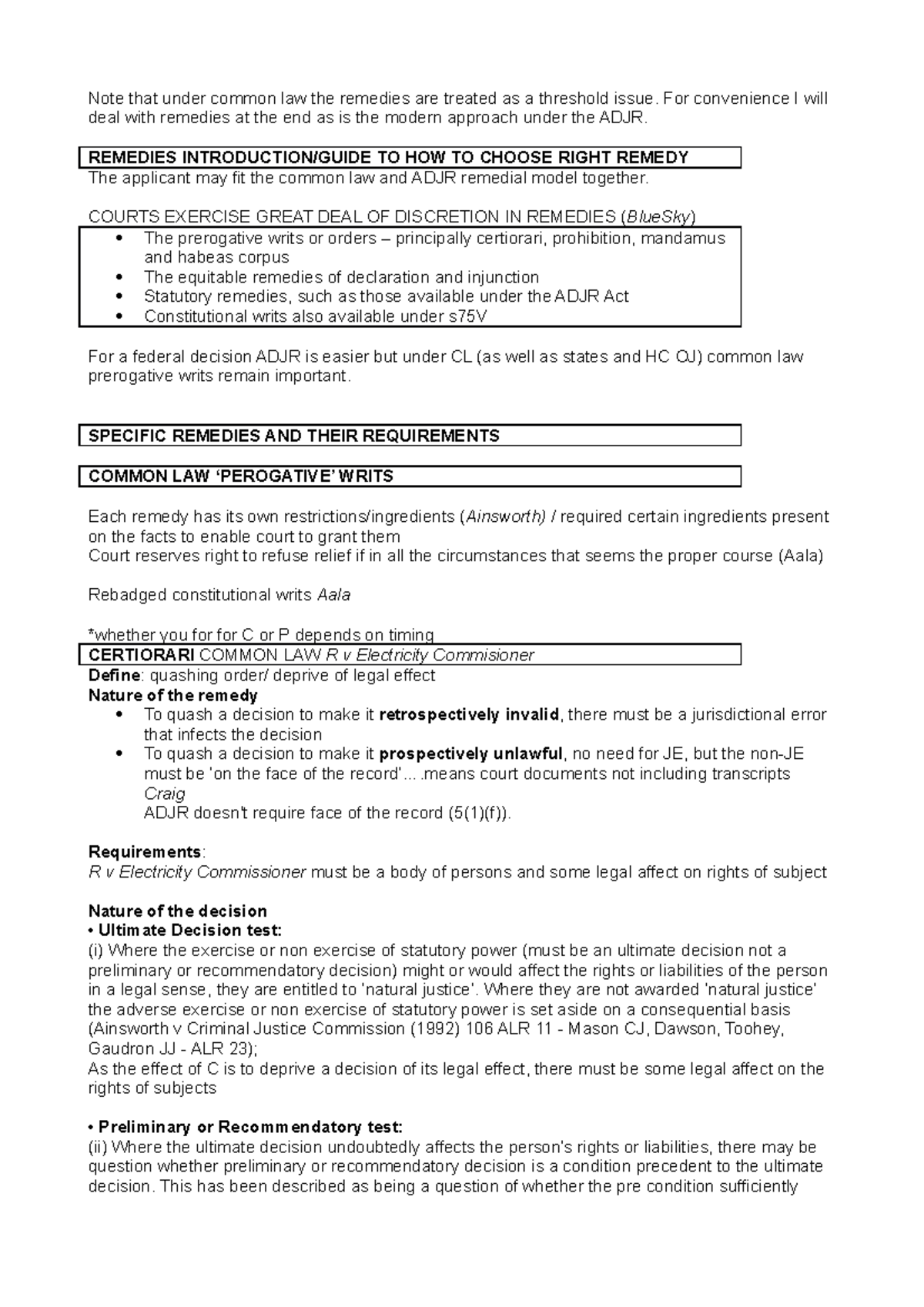 Remedies - Summary Administrative Law - Note that under common law the ...