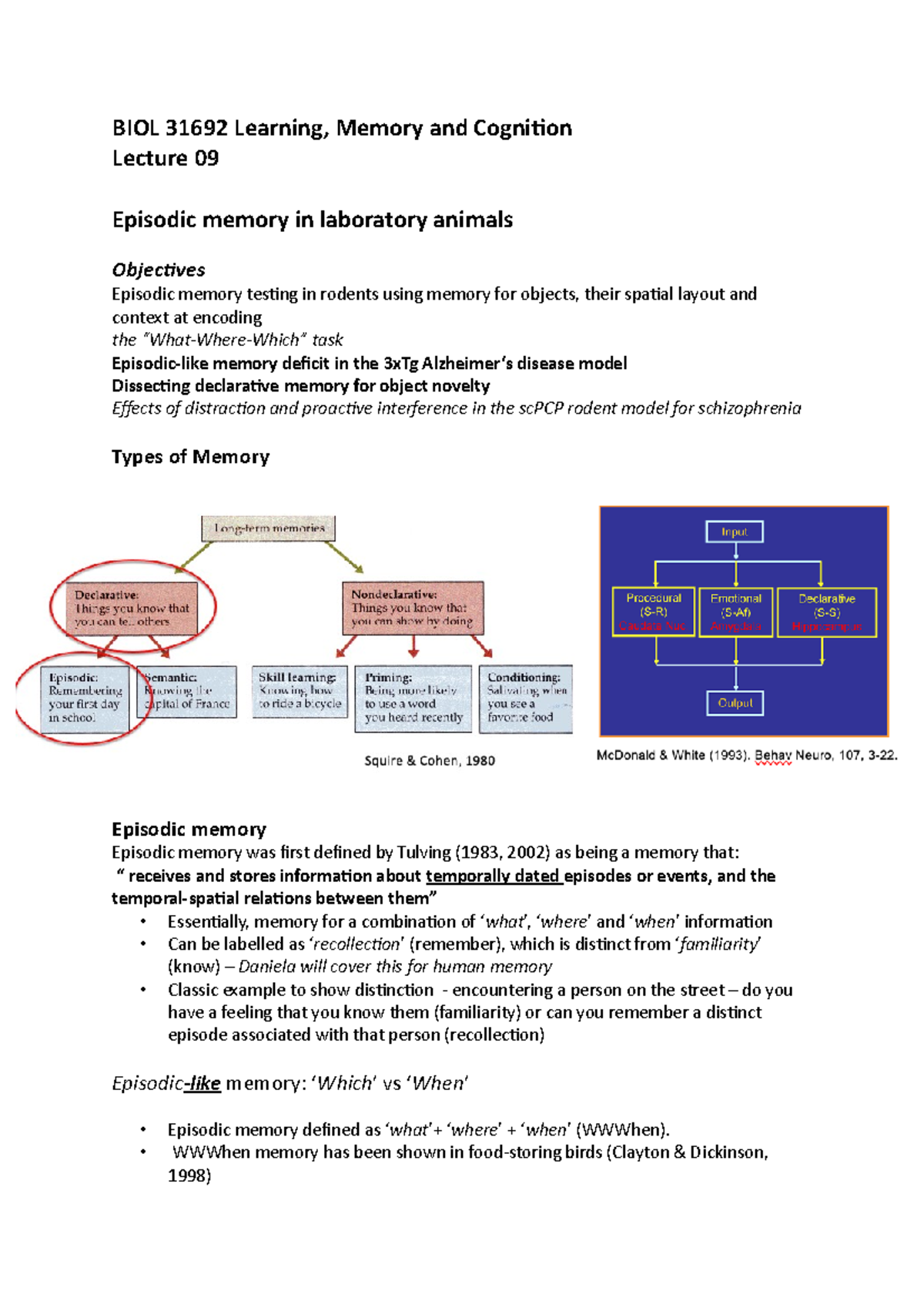 Lecture 9 - Episodic Memory In Lab Animals - BIOL 31692 Learning ...