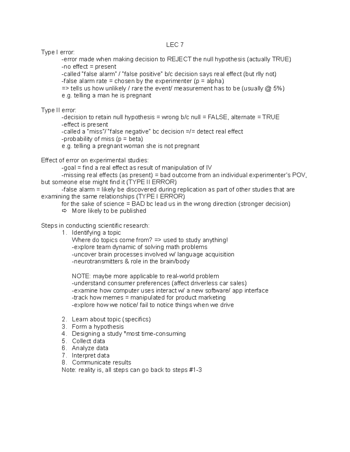 LEC 7 - Lecture notes 7 - LEC 7 Type I error: -error made when making ...