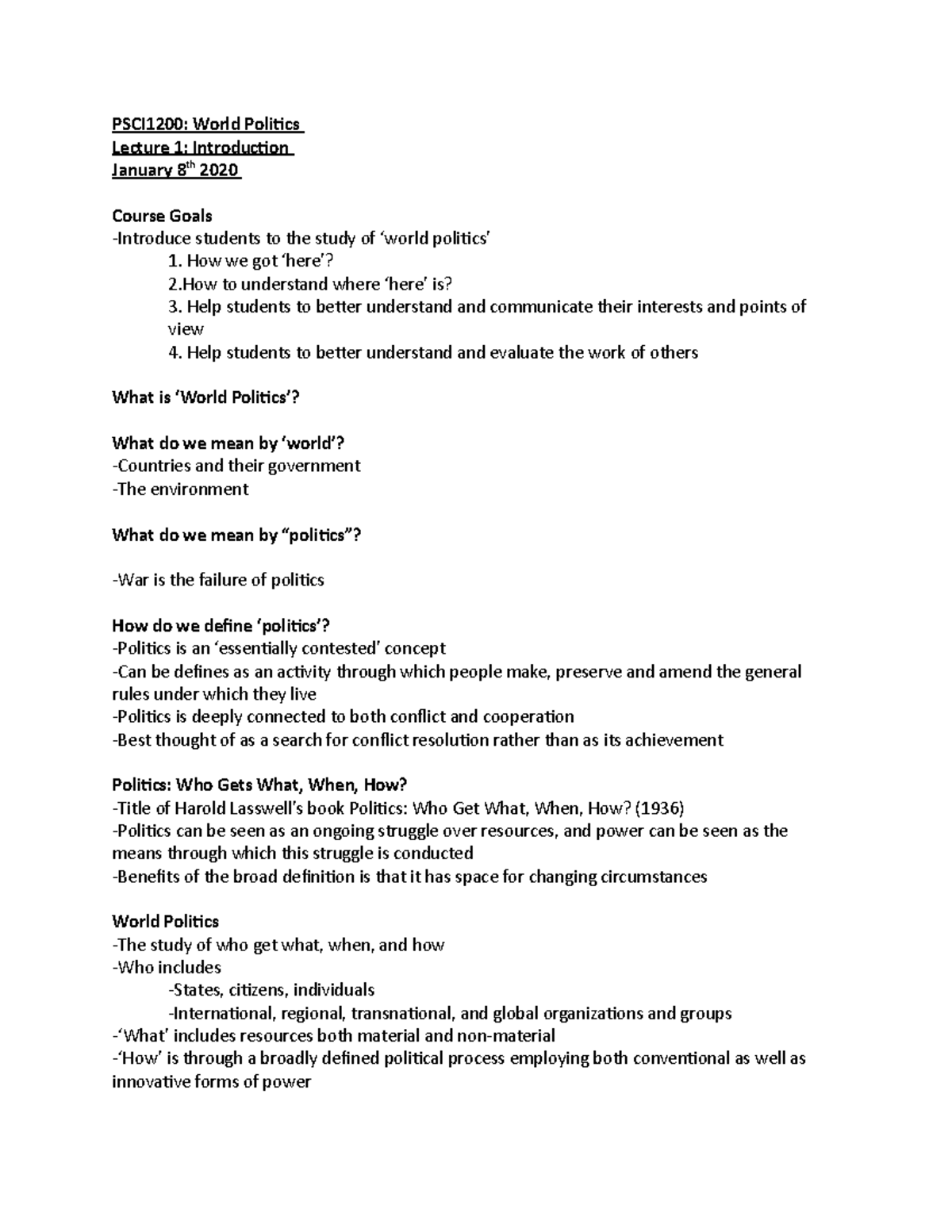 Lecture One - Introduction - PSCI1200: World Politics Lecture 1 ...