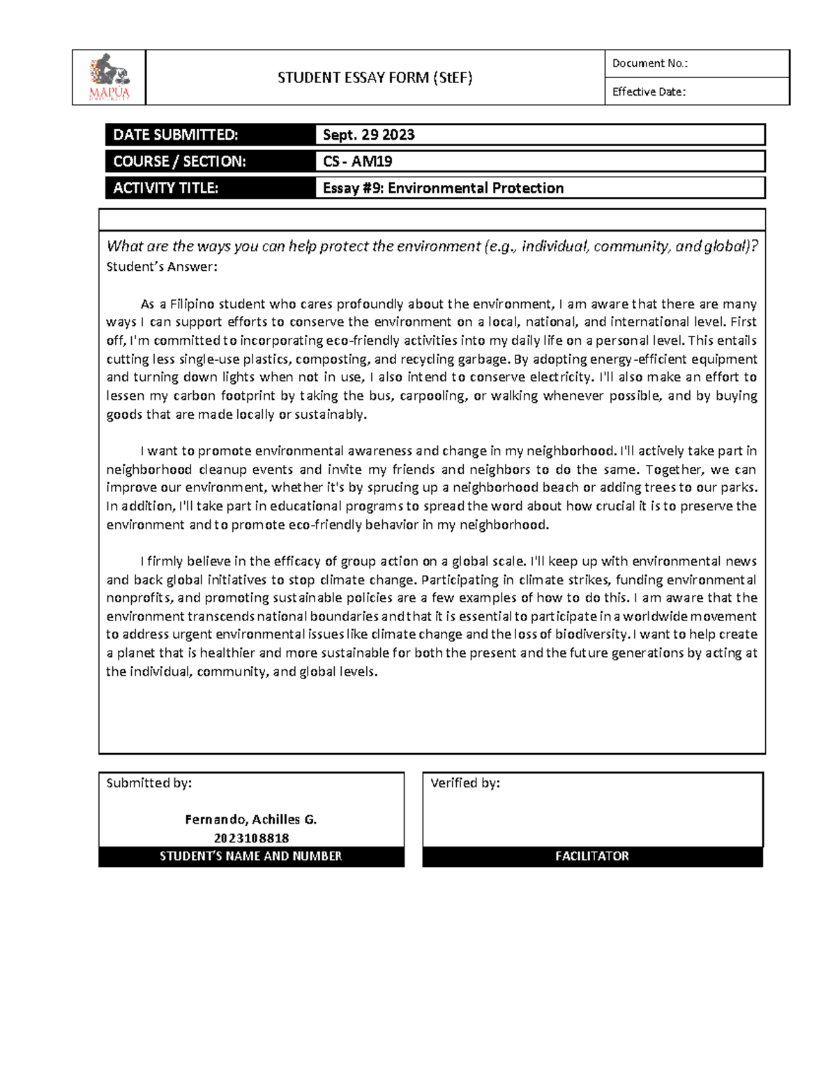 Form - NSTP100 Essay #9 - STUDENT ESSAY FORM (StEF) Document No ...