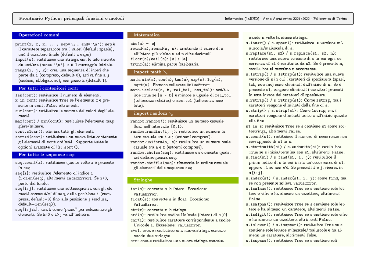Python Cheat Sheet-v2 - Prontuario Python: principali funzioni e metodi ...