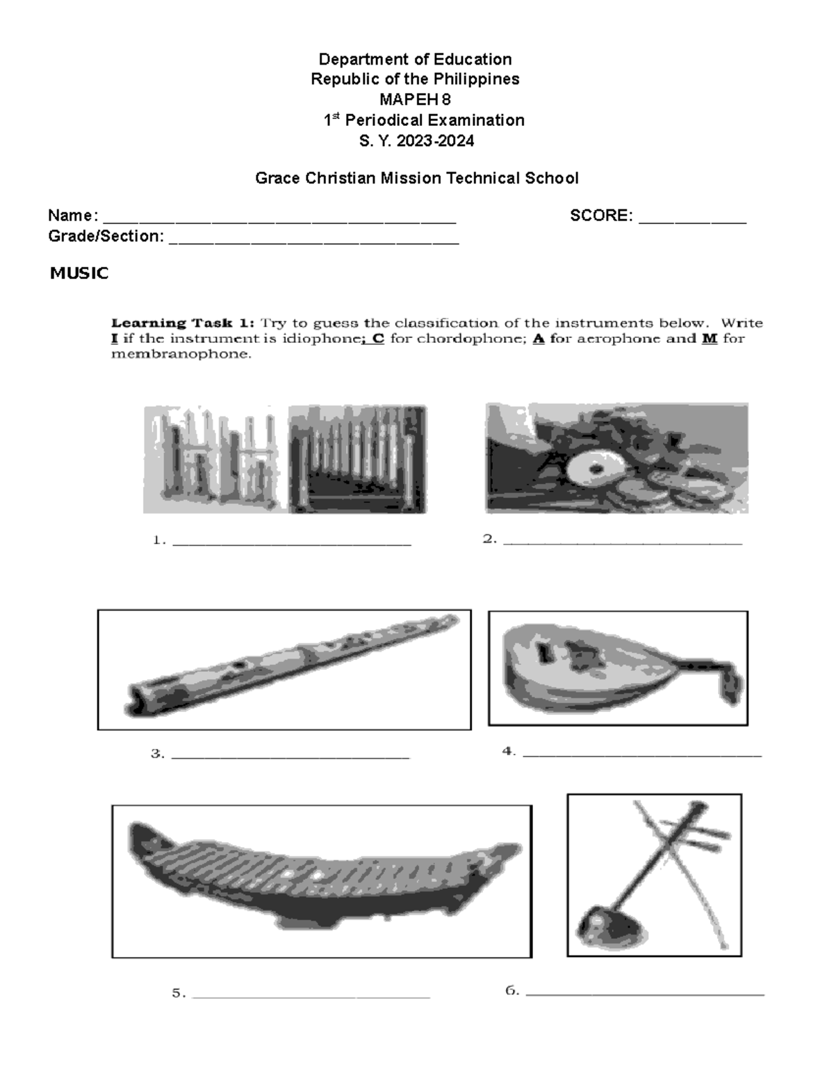 Mapeh 8 - 1ST Periodical EXAM - Department of Education Republic of the ...