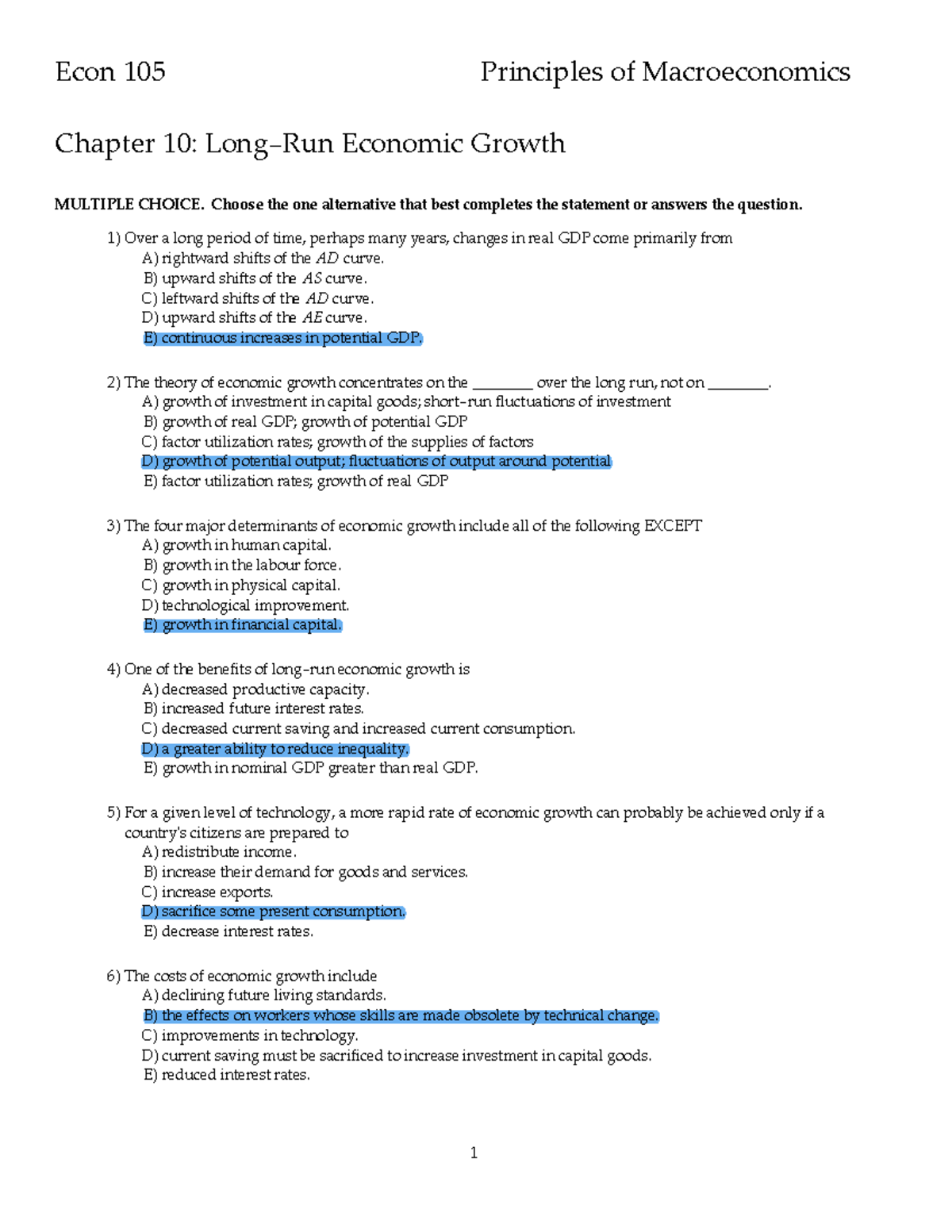 ECON 105 Ch. 10 mcq - MCQ - Econ 105 Principles of Macroeconomics ...
