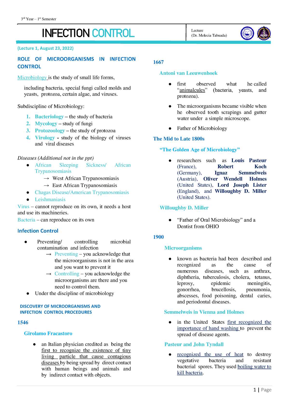 Infection-Control-Notes - (Lecture 1, August 23, 2022) ROLE OF ...