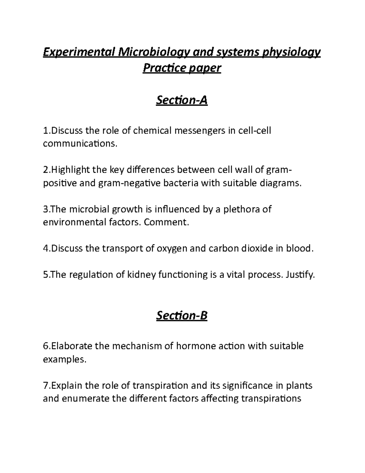 Biology topic practice paper questions- Microbiology and physiology ...