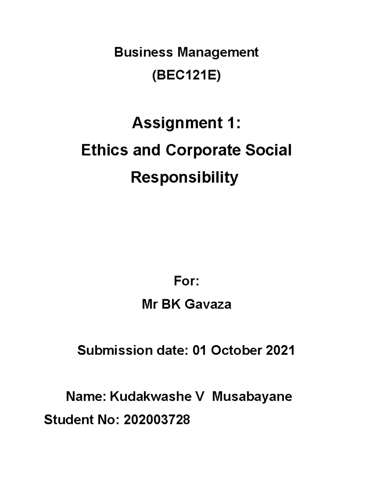 Business Management 1 Copy - Business Management (BEC121E) Assignment 1 ...