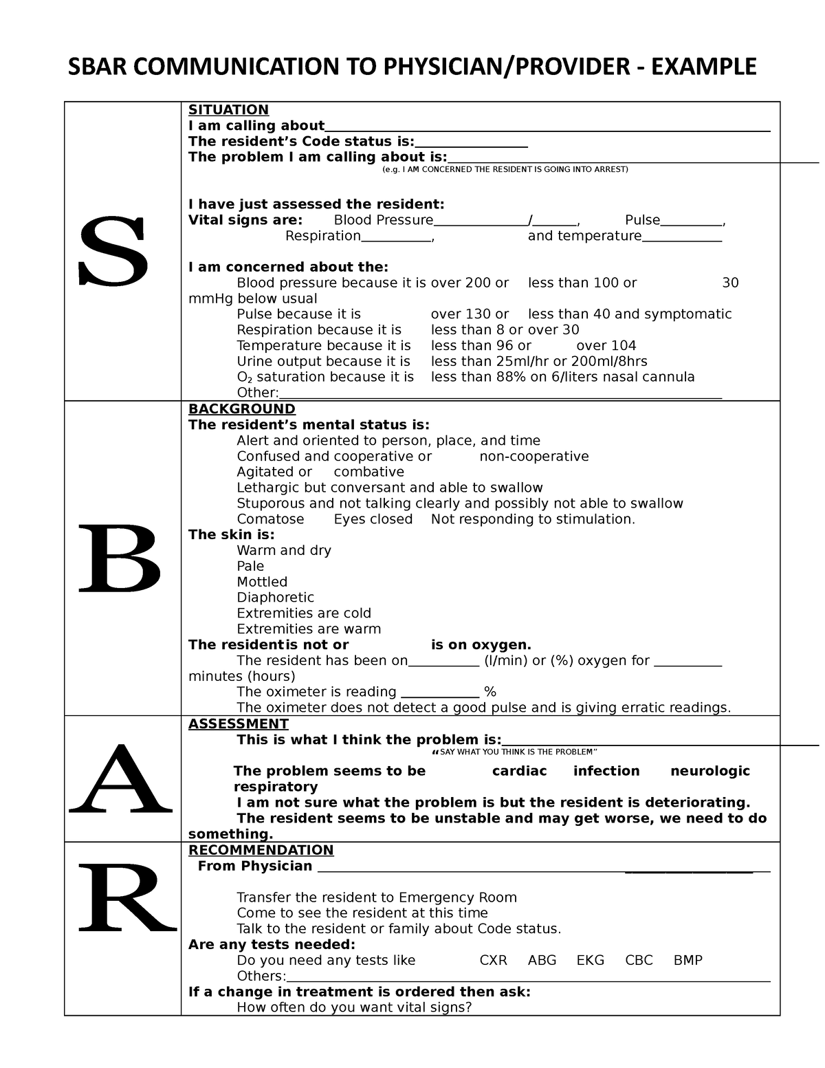 Sbar template 08 - SBAR - SBAR COMMUNICATION TO PHYSICIAN/PROVIDER ...