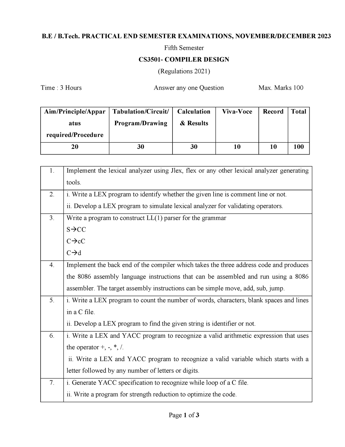 CS3501 SET2 - Set Question For Practical - Page 1 Of 3 B / B. PRACTICAL ...