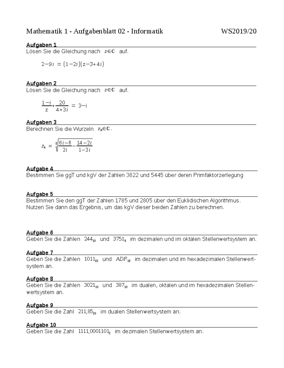 Mathe 1-Aufgabenblatt 02 WS2019 - Mathematik 1 - Aufgabenblatt 02 ...