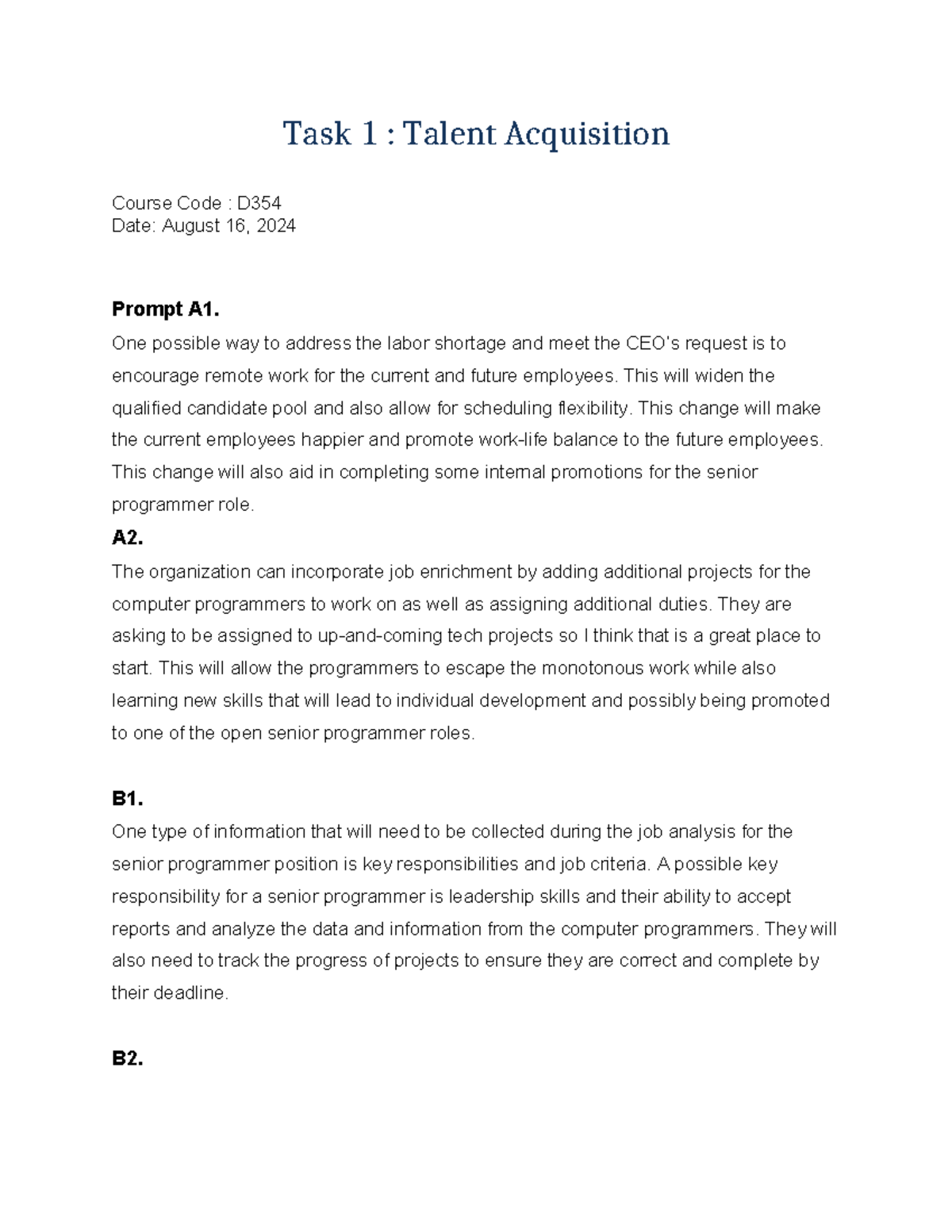 D354 Task 1 - Passed task 1! - Task 1 : Talent Acquisition Course Code ...
