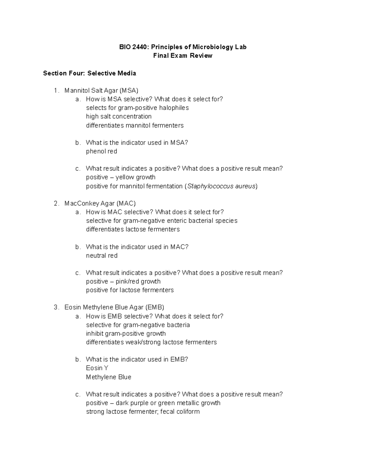 BIO 2440 Lab Final Exam Review BIO 2440 Principles of Microbiology Lab Final Exam Review