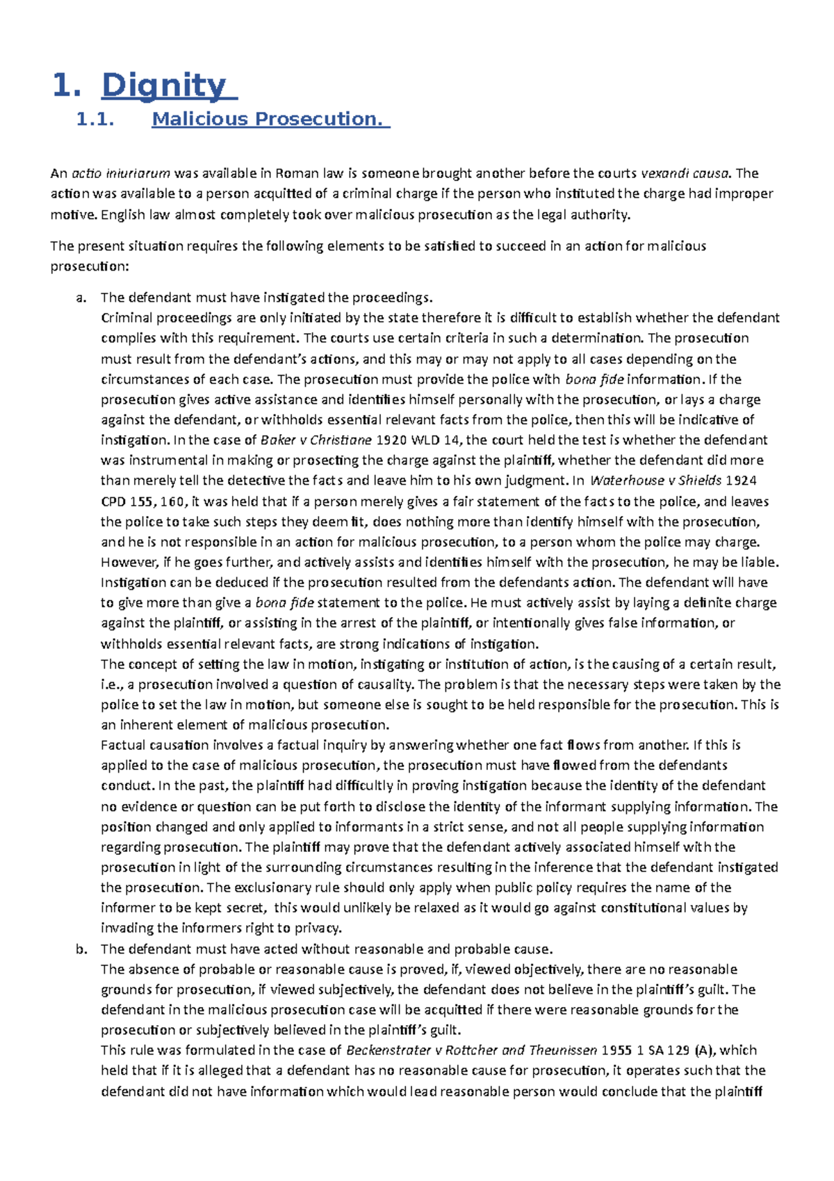 Dignity and Defamation - ukzn note typed - 1. Dignity 1. Malicious ...