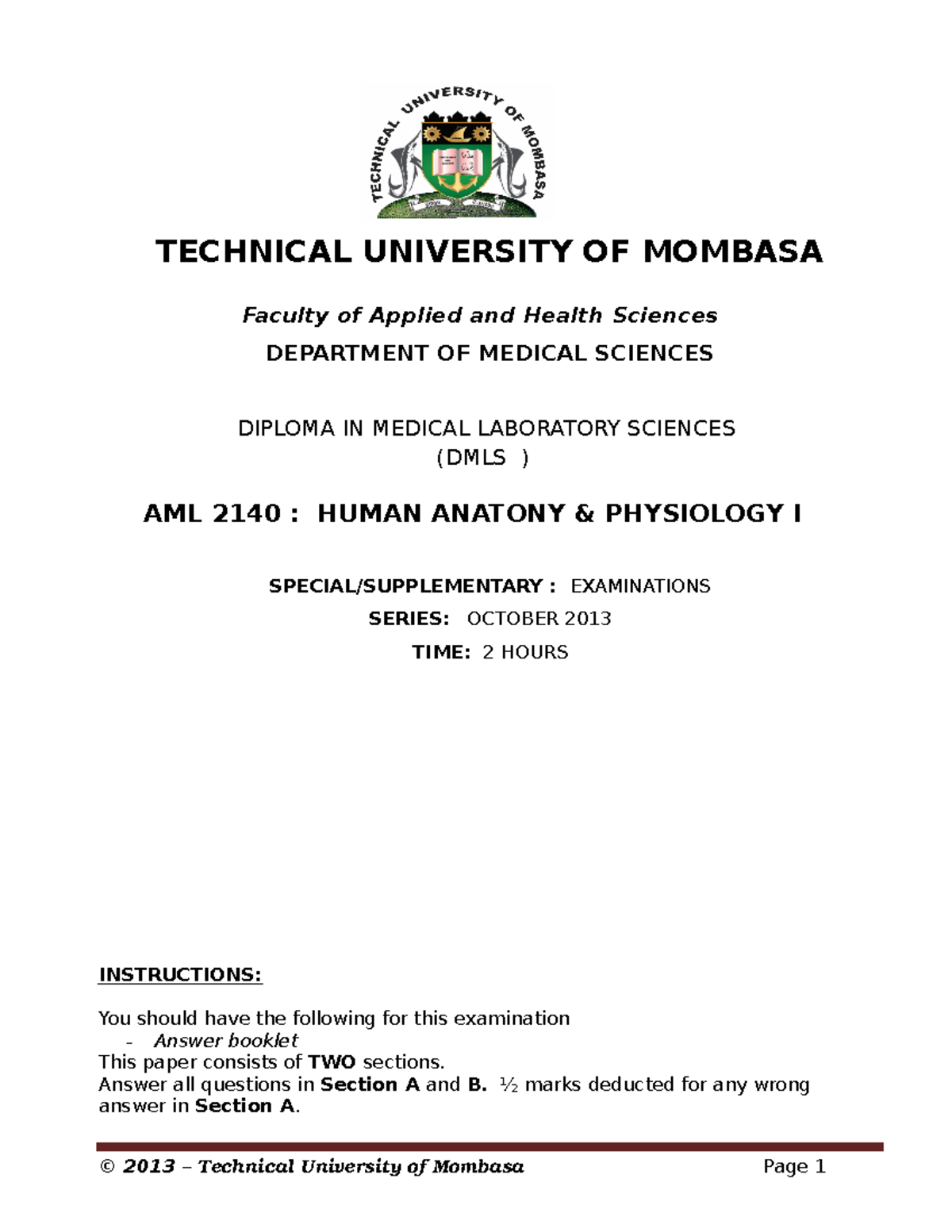AML 2140 Human Anatomy & Physciology I TECHNICAL UNIVERSITY OF