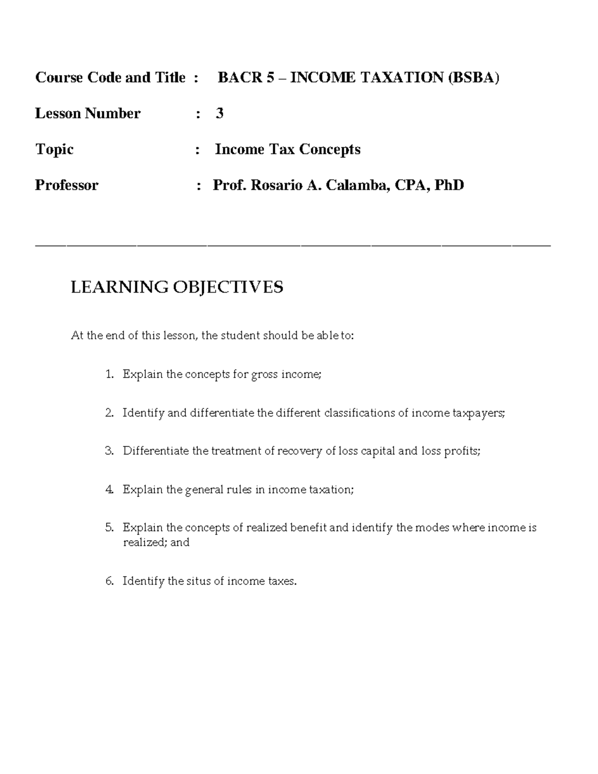 Module 03 - Income Tax Concepts - Course Code And Title : BACR 5 ...