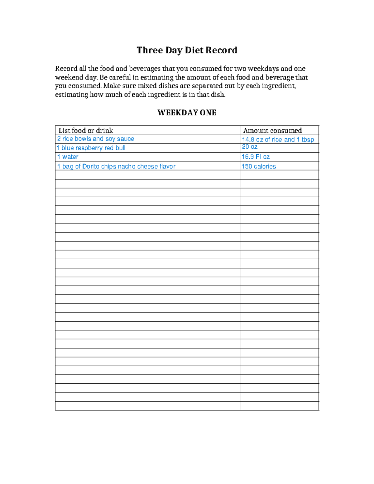 Lab 1 - Three Day Diet Record Form - NUTR 101 - Three Day Diet Record ...