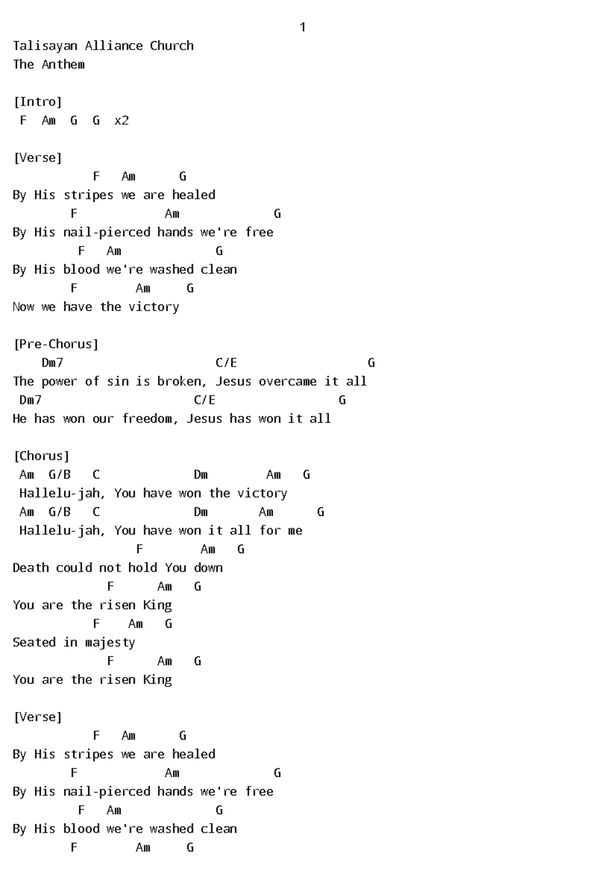 The Anthem - Lyrics - 1 Talisayan Alliance Church The Anthem [Intro] F ...