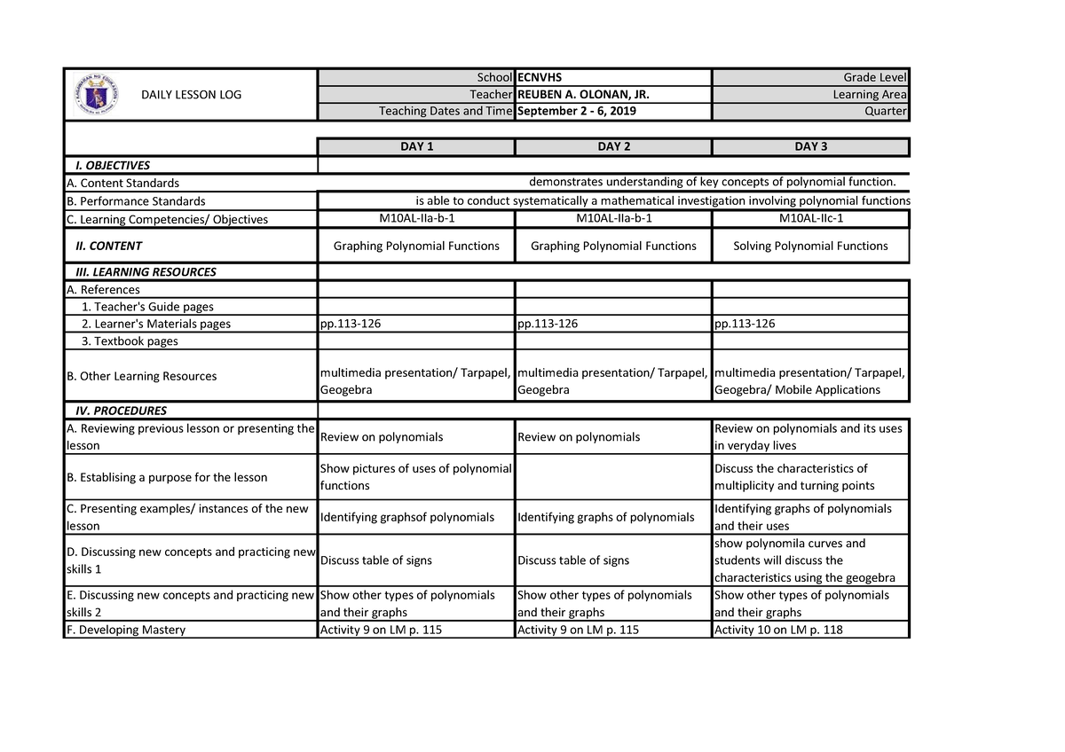 4. September - DAILY Lesson Log in Math 10 - School ECNVHS Grade Level ...