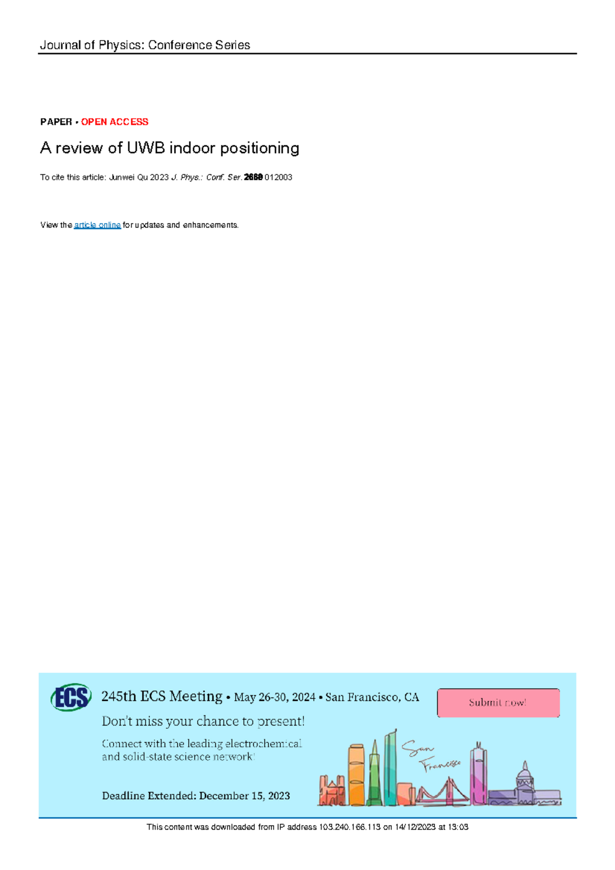 A review of UWB indoor positioning - Journal of Physics: Conference ...