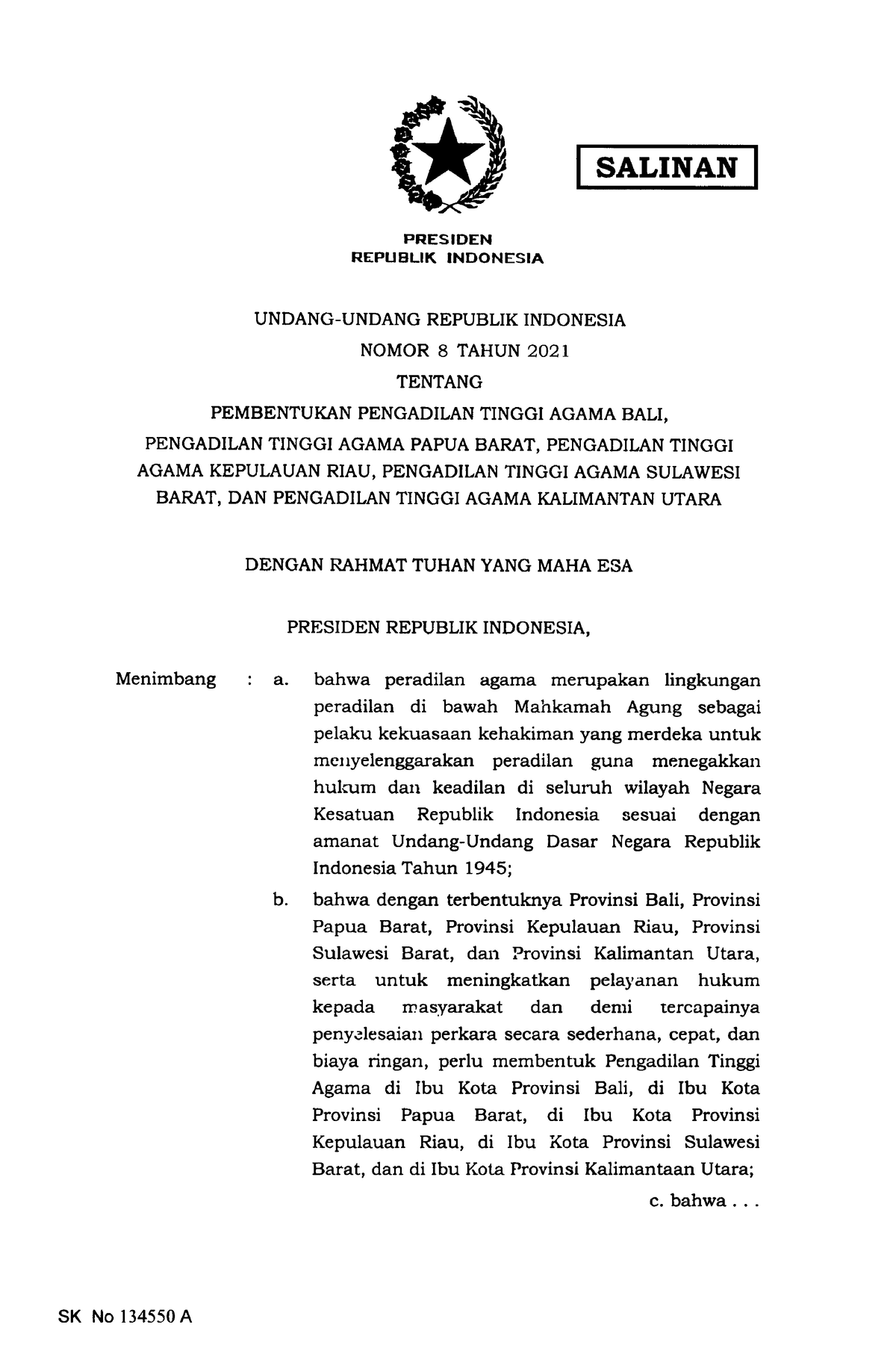 Salinan UU Nomor 8 Tahun 2021 - SALINAN PRESTDEN REPUBLIK TNDONESIA ...