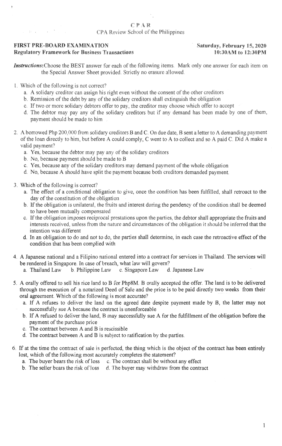 RFBT CPAR Preboards in RFBT Batch 87 Bachelor Science in