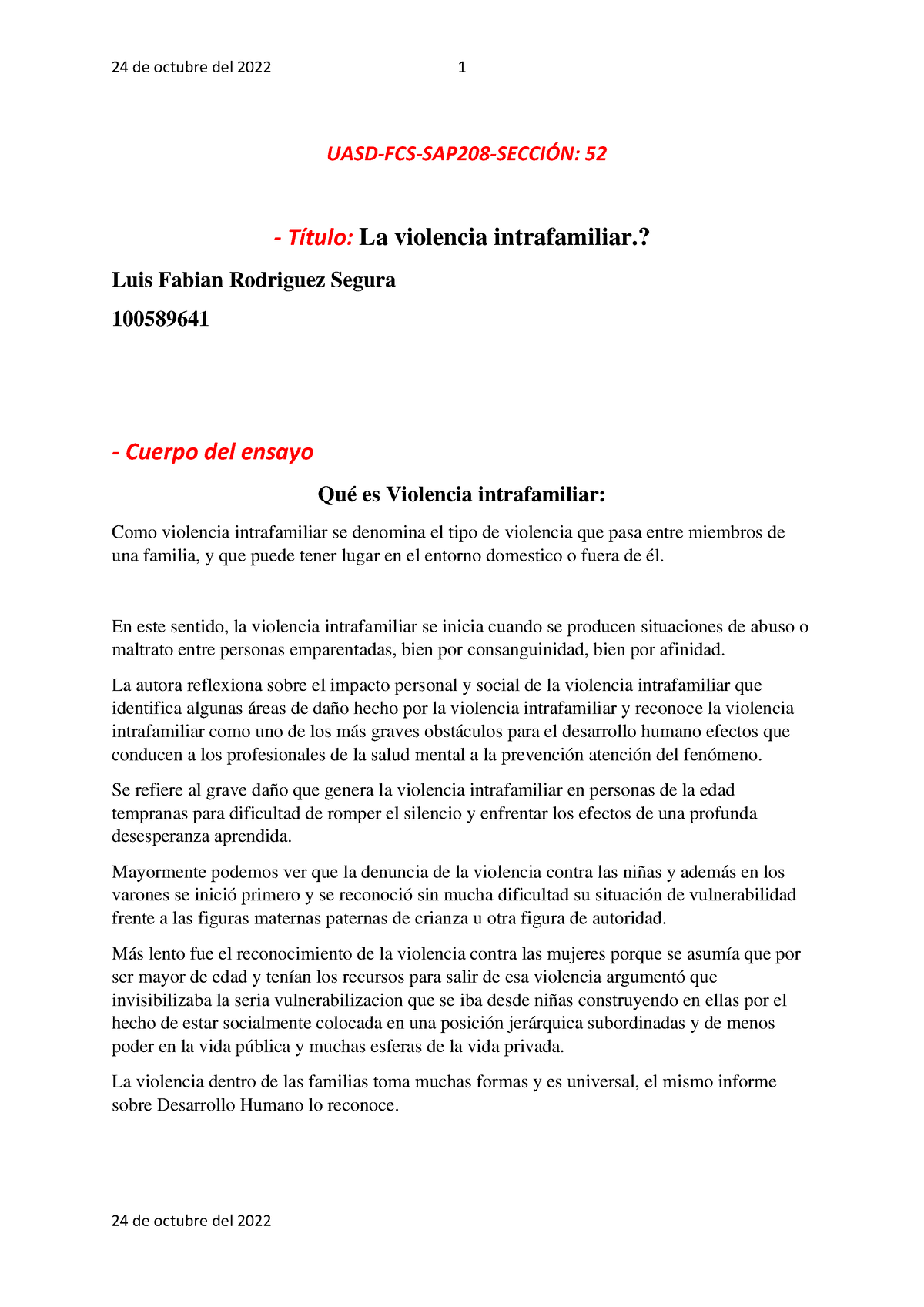 Unidad 4 Ensayo - 24 De Octubre Del 2022 1 24 De Octubre Del 2022 UASD ...