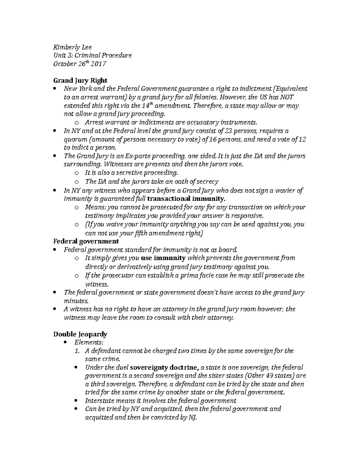 Unit 3 - Lecture notes 7-11 - Kimberly Lee Unit 3: Criminal Procedure ...