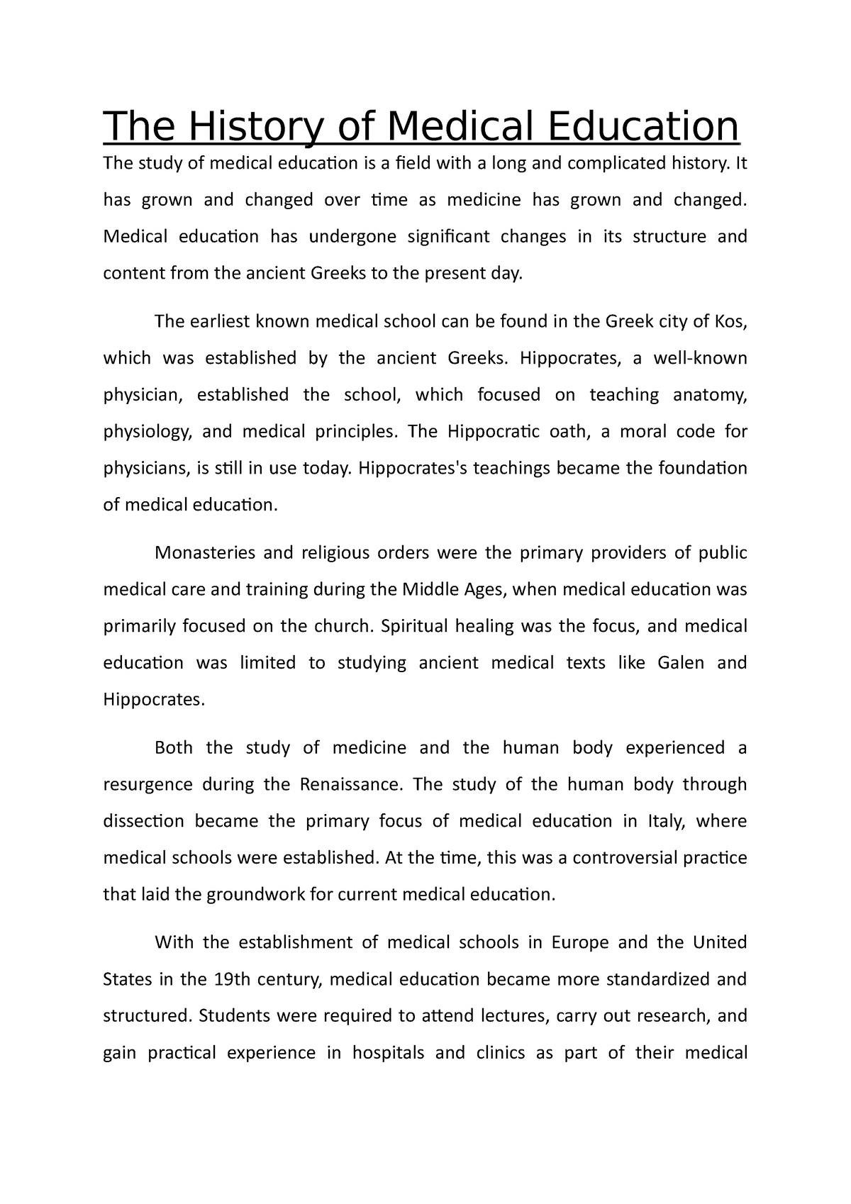 essay on the history of medical profession