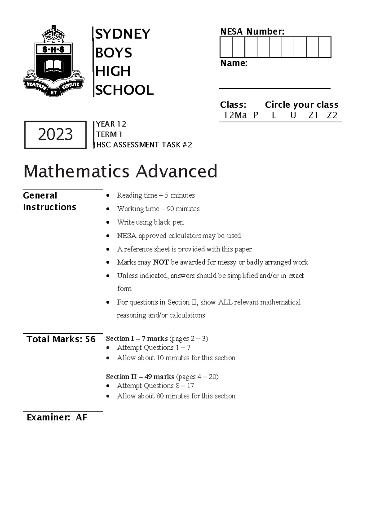 SBHS 2023 Y12 MA Task 2 - SYDNEY BOYS HIGH SCHOOL YEAR 1 2 TERM 1 HSC ...