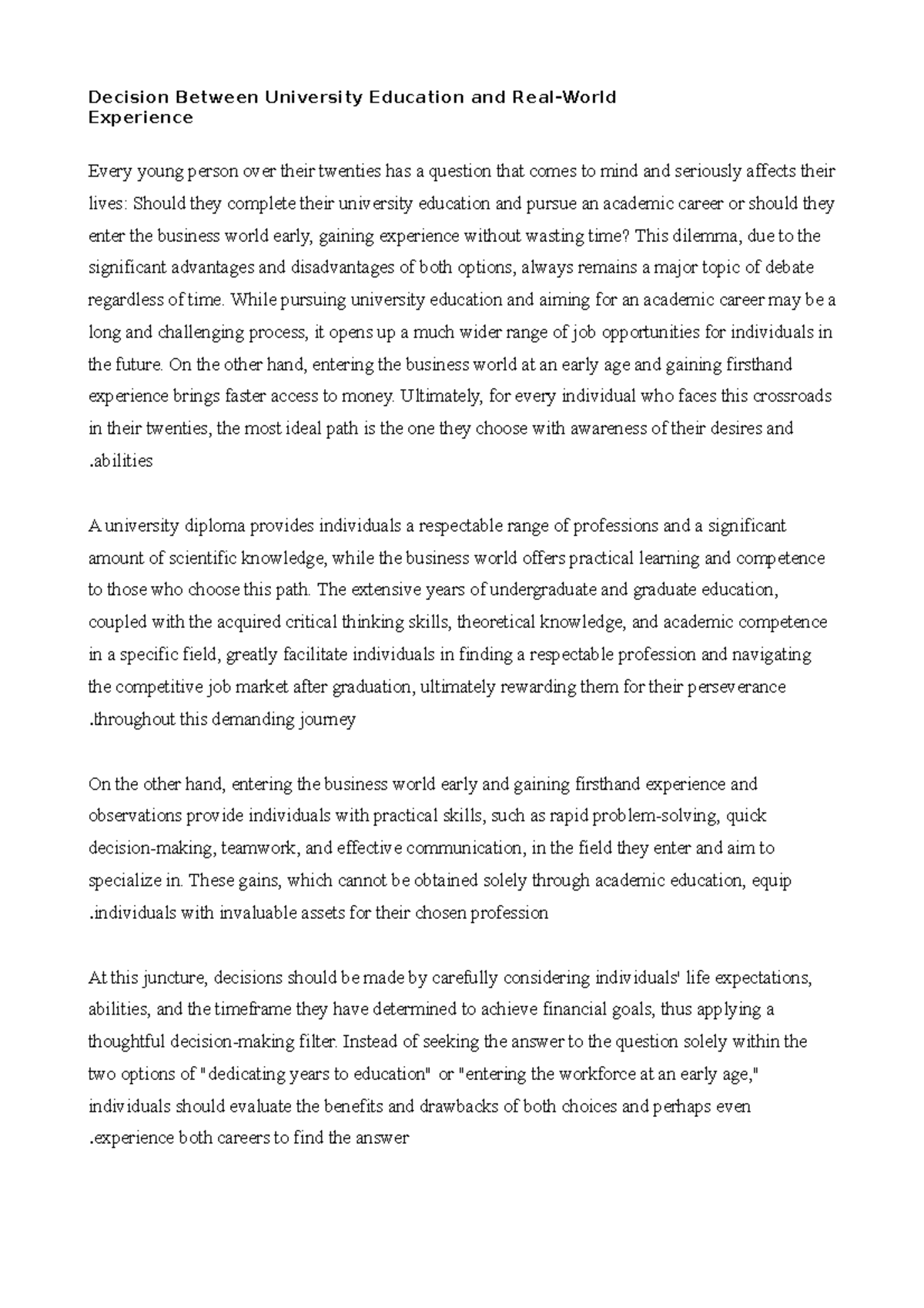 Decision Between University Education and Real-World Experience ...
