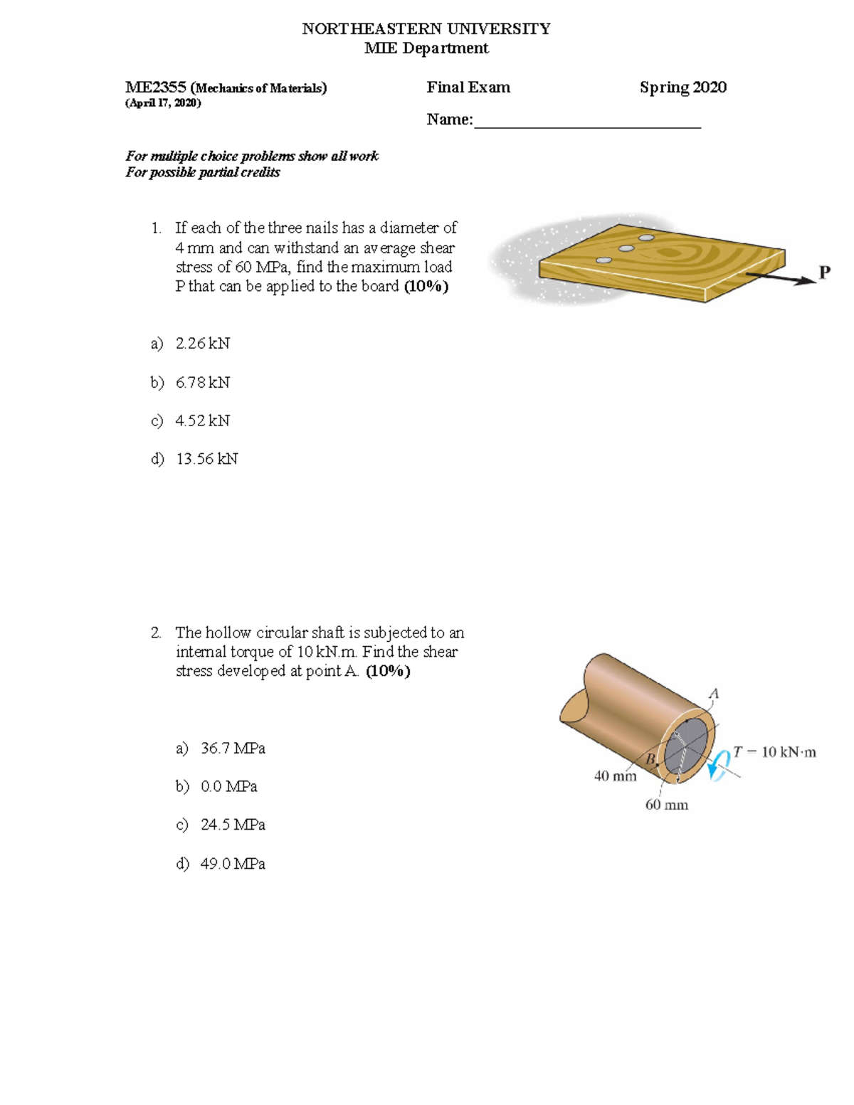 ME2355 sample final exam MC NORTHEASTERN UNIVERSITY MIE Department